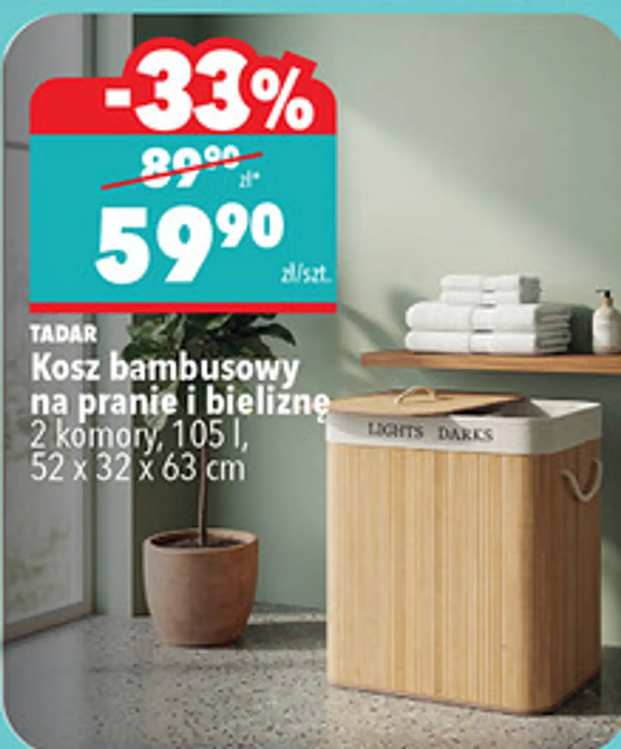 TADAR Kosz bambusowy na pranie i bieliznę 2 komory, 105 l, 52 x 32 x 63 cm