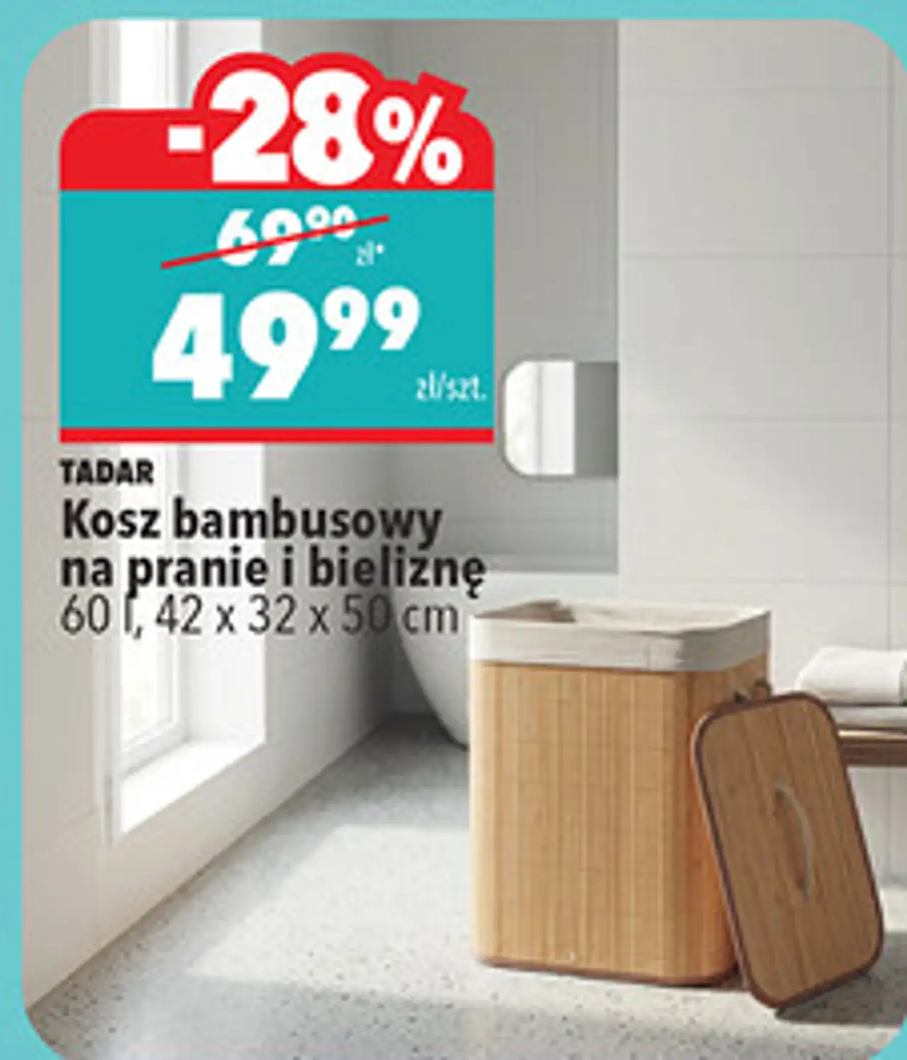 TADAR Kosz bambusowy na pranie i bieliznę 60 l, 42 x 32 x 50 cm