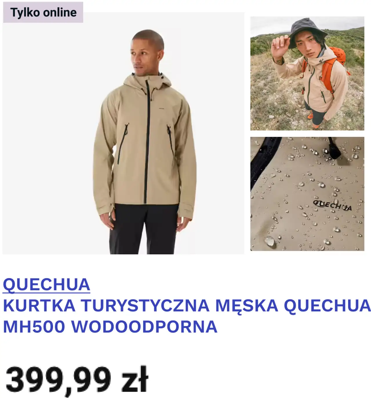 QUECHUA KURTKA TURYSTYCZNA MĘSKA QUECHUA MH500 WODOODPORNA