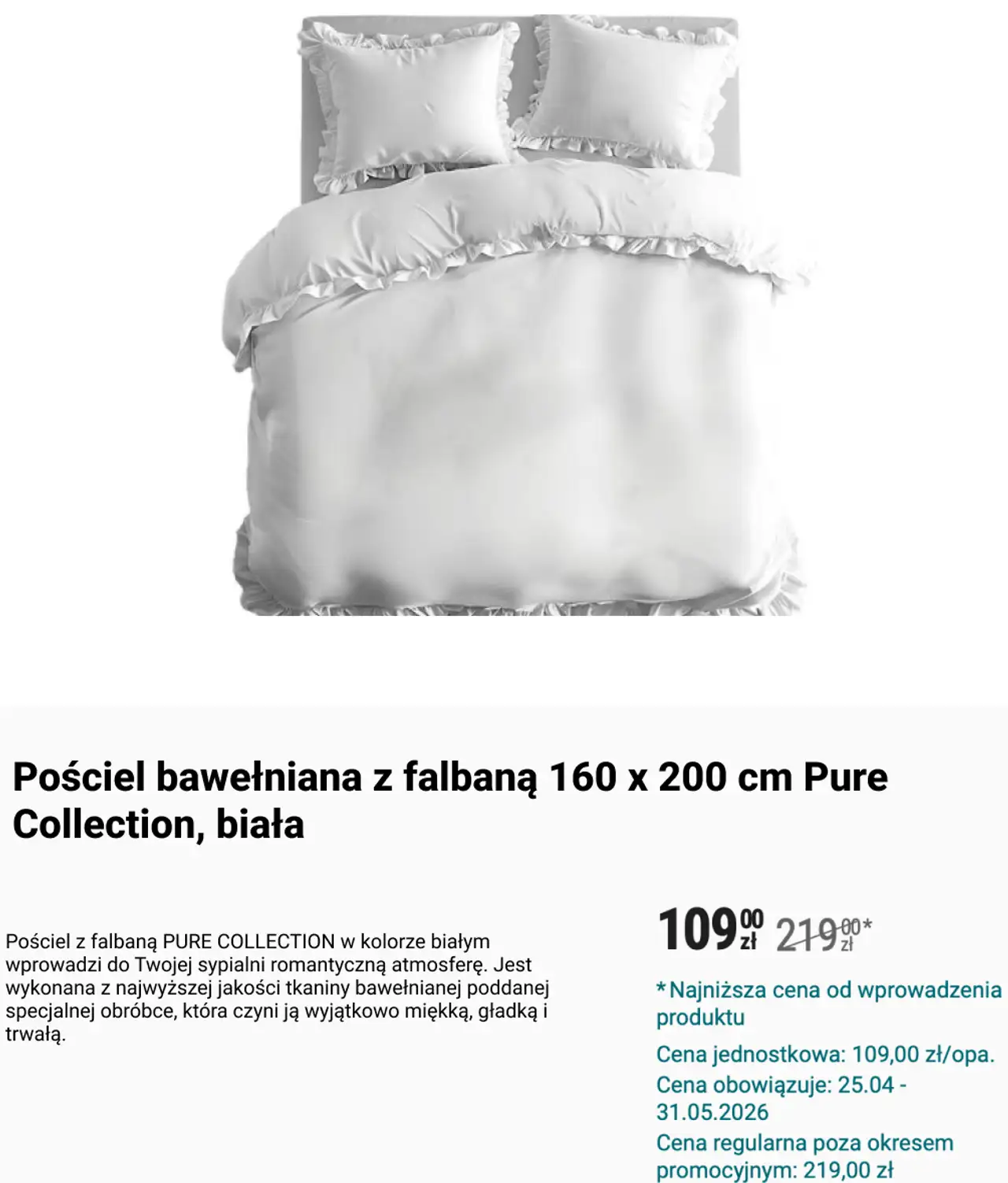 Pościel bawełniana z falbaną 160 x 200 cm Pure Collection, biała