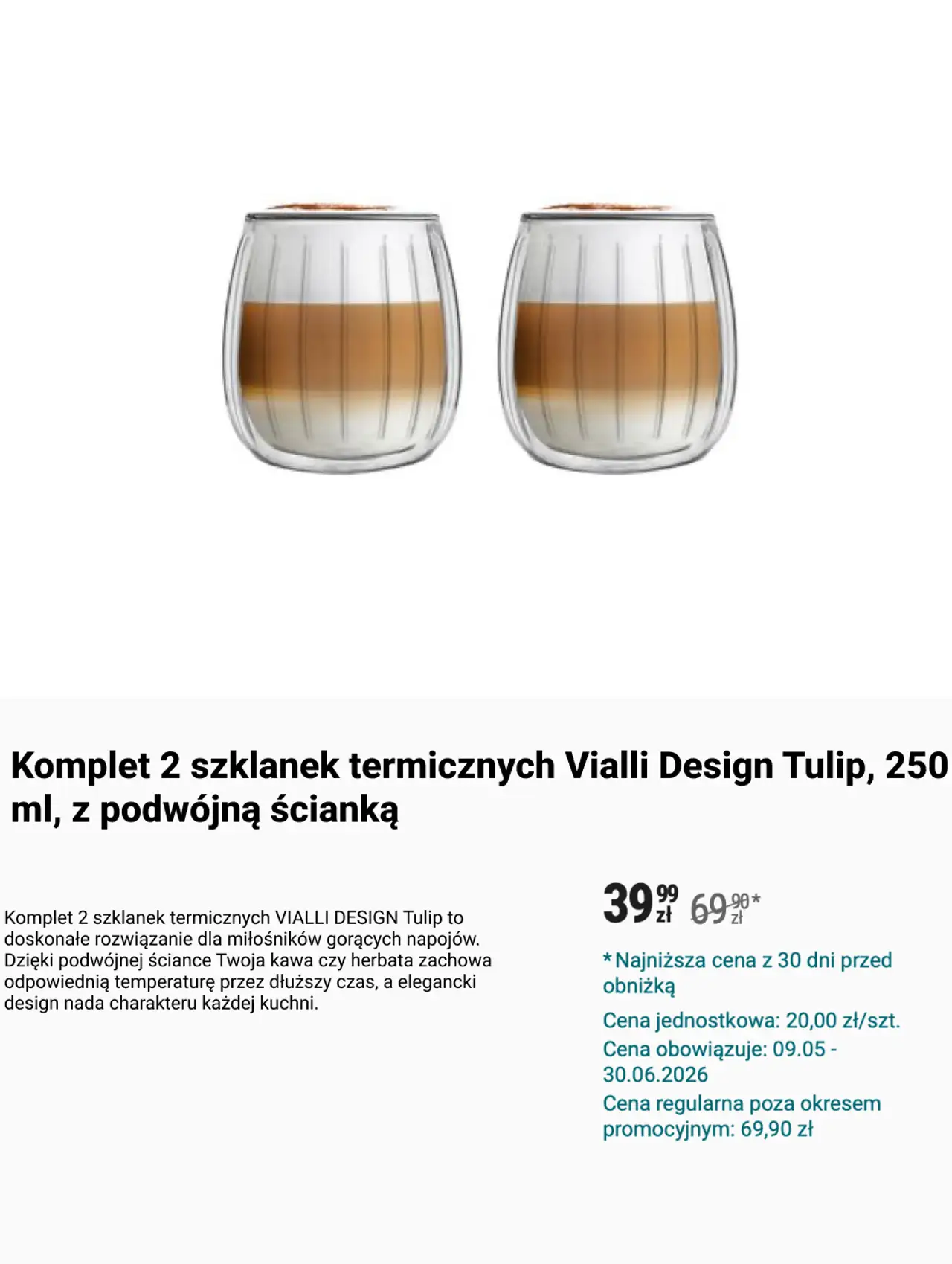Komplet 2 szklanek termicznych Vialli Design Tulip, 250 ml, z podwójną ścianką