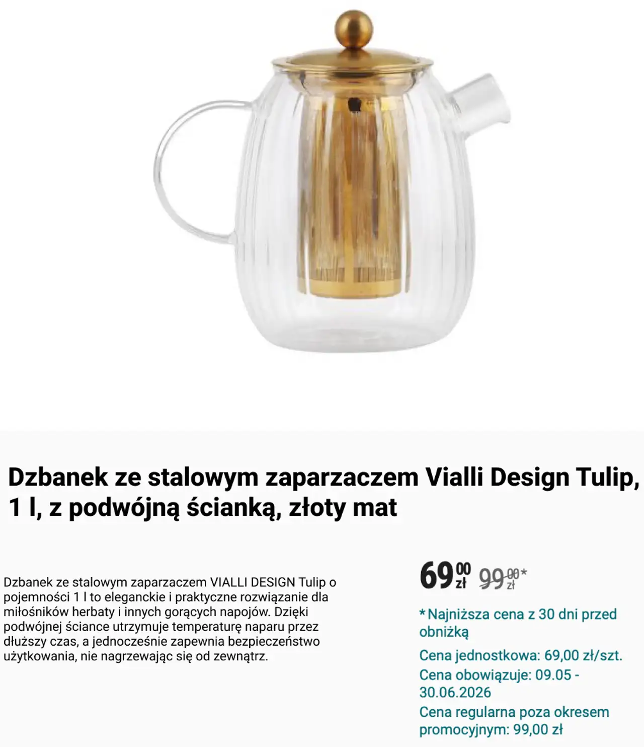 Dzbanek ze stalowym zaparzaczem Vialli Design Tulip, 1 l, z podwójną ścianką, złoty mat