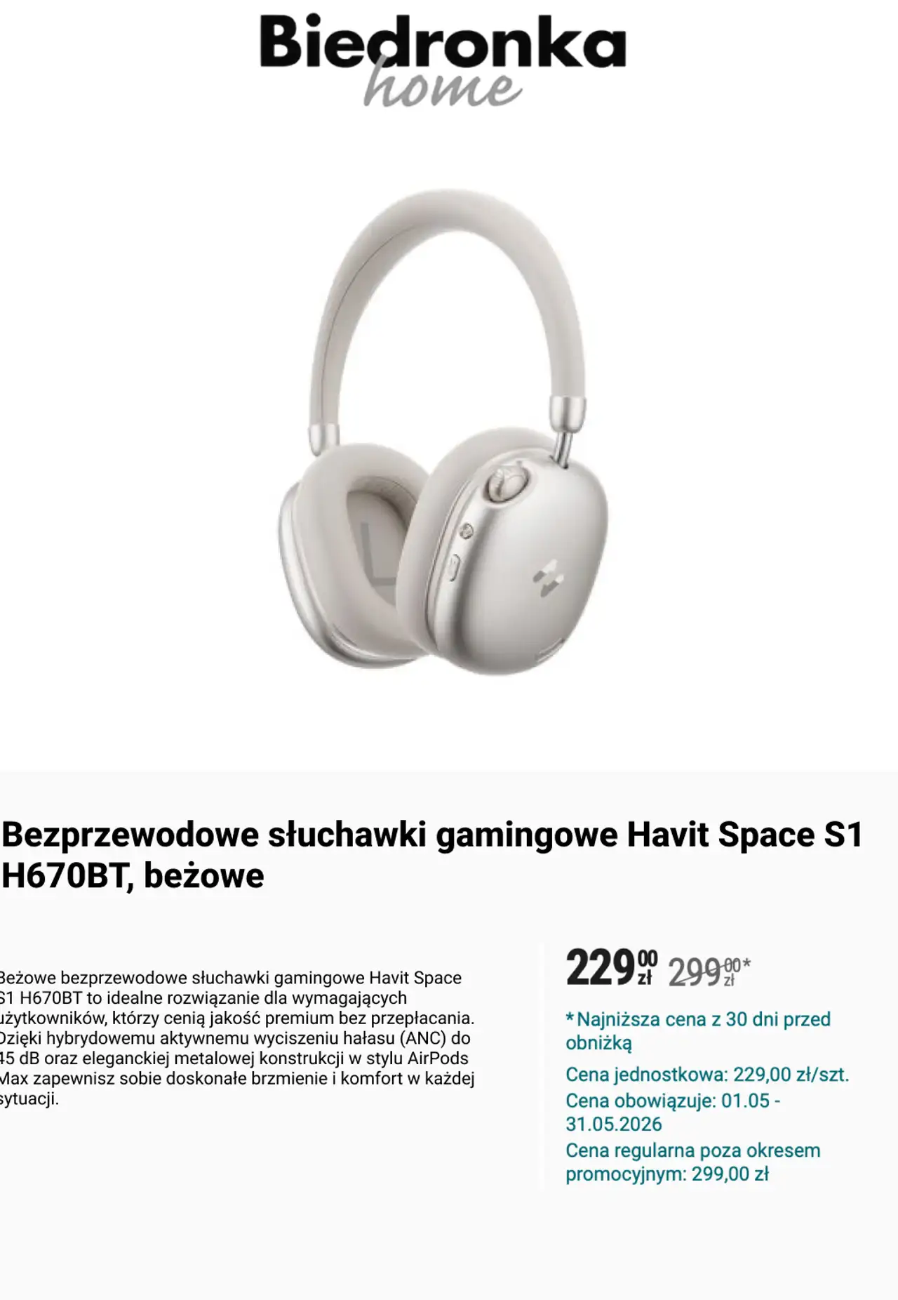 Bezprzewodowe słuchawki gamingowe Havit Space S1 H670BT, beżowe