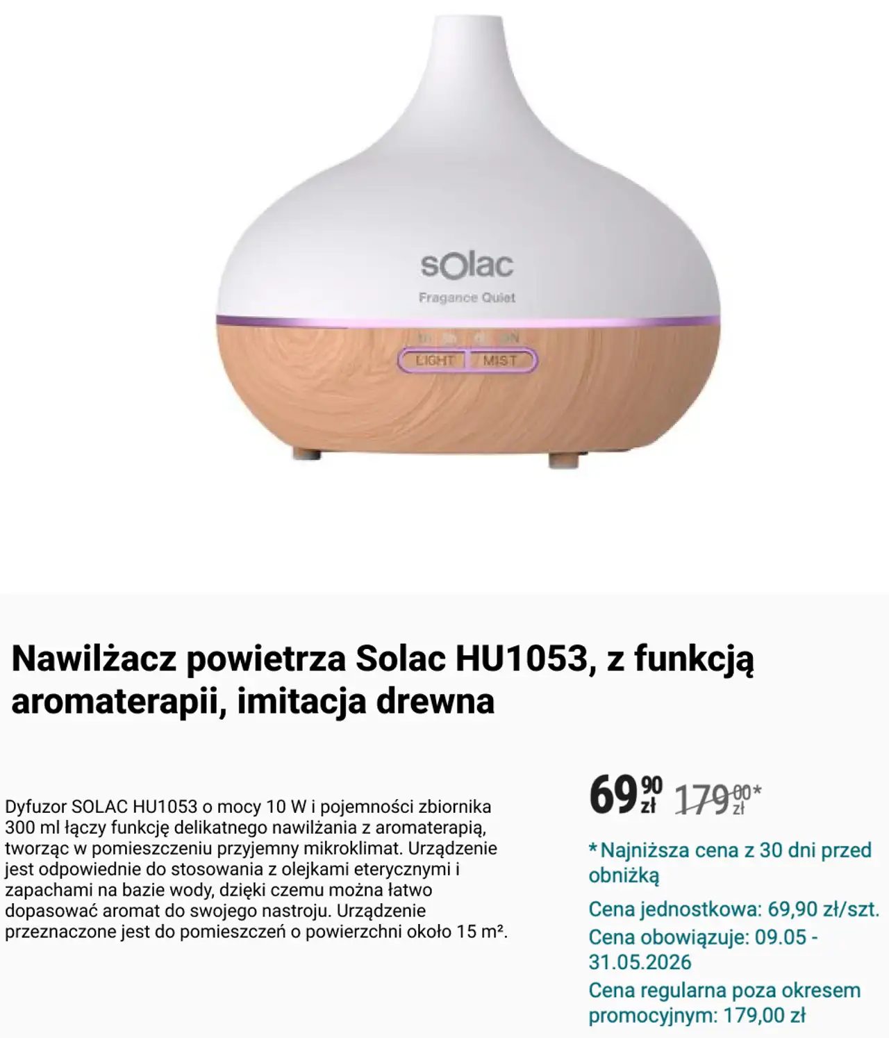 Nawilżacz powietrza Solac HU1053, z funkcją aromaterapii, imitacja drewna