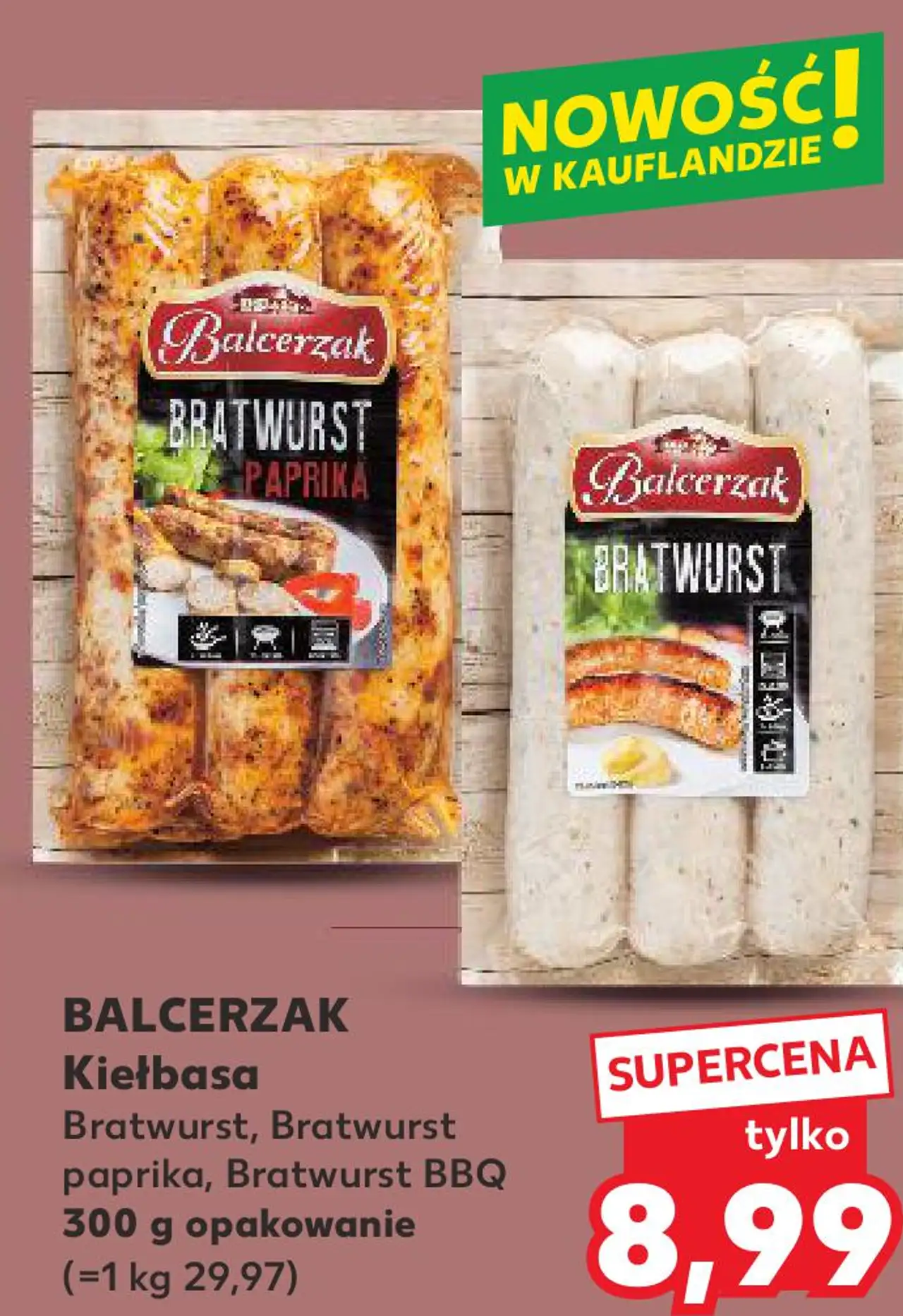 Kiełbasa Bratwurst, Bratwurst paprika, Bratwurst BBQ 300 g opakowanie