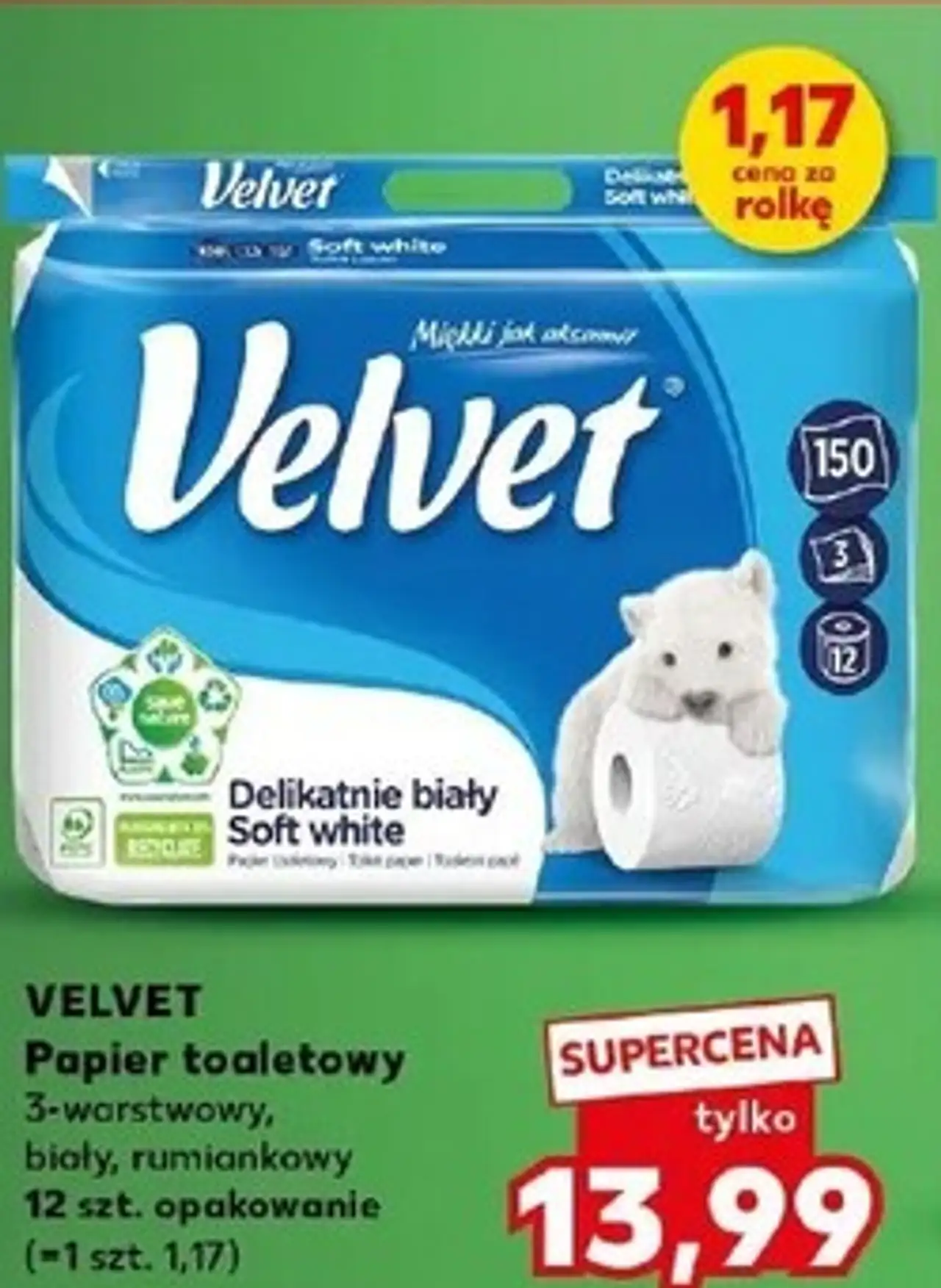 VELVET Papier toaletowy 3-warstwowy, biały, rumiankowy 12 szt. opakowanie