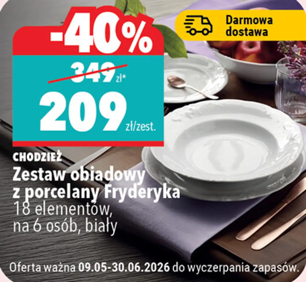 Zestaw obiadowy z porcelany Fryderyka 18 elementów, na 6 osób, biały