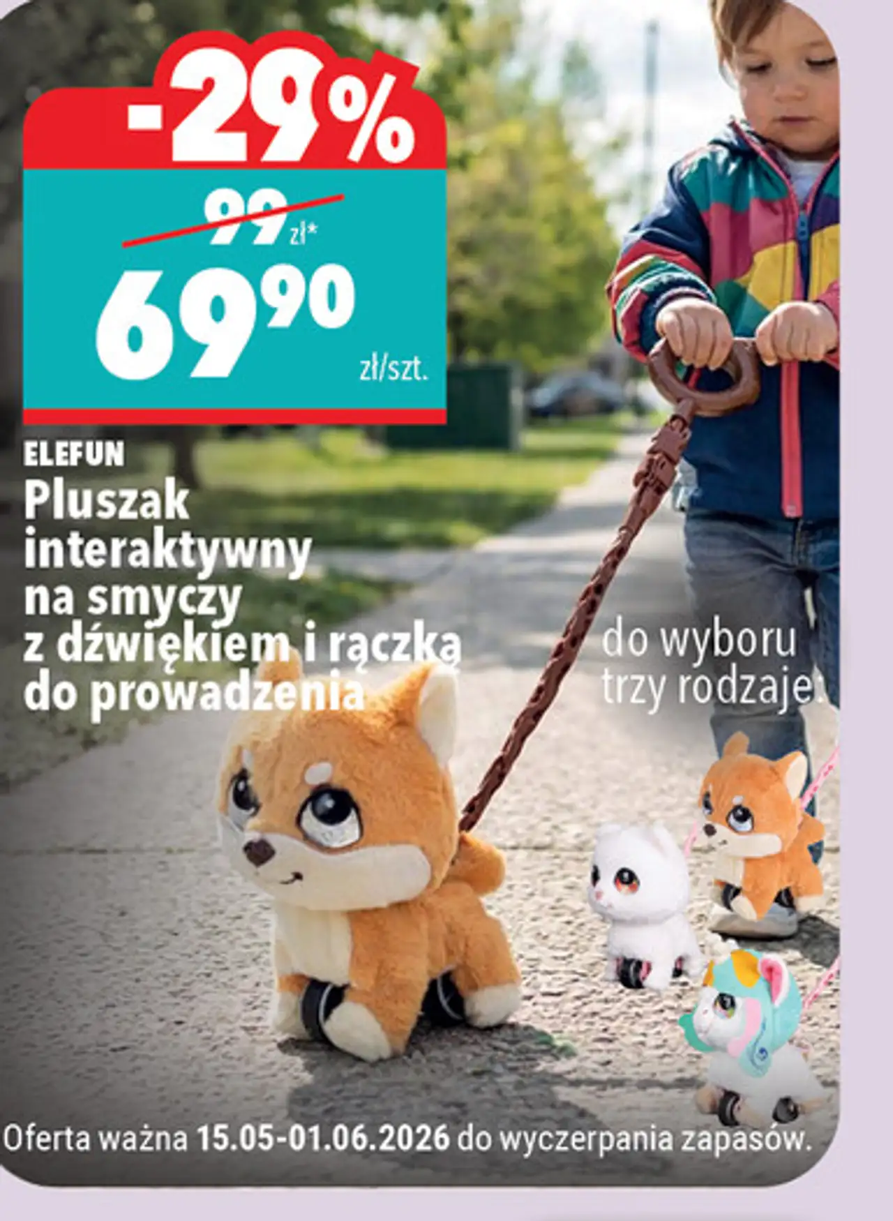 Pluszak interaktywny na smyczy z dźwiękiem i rączką do prowadzenia