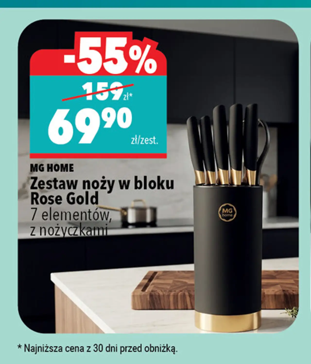 Zestaw noży w bloku Rose Gold 7 elementów, z nożyczkami MG HOME