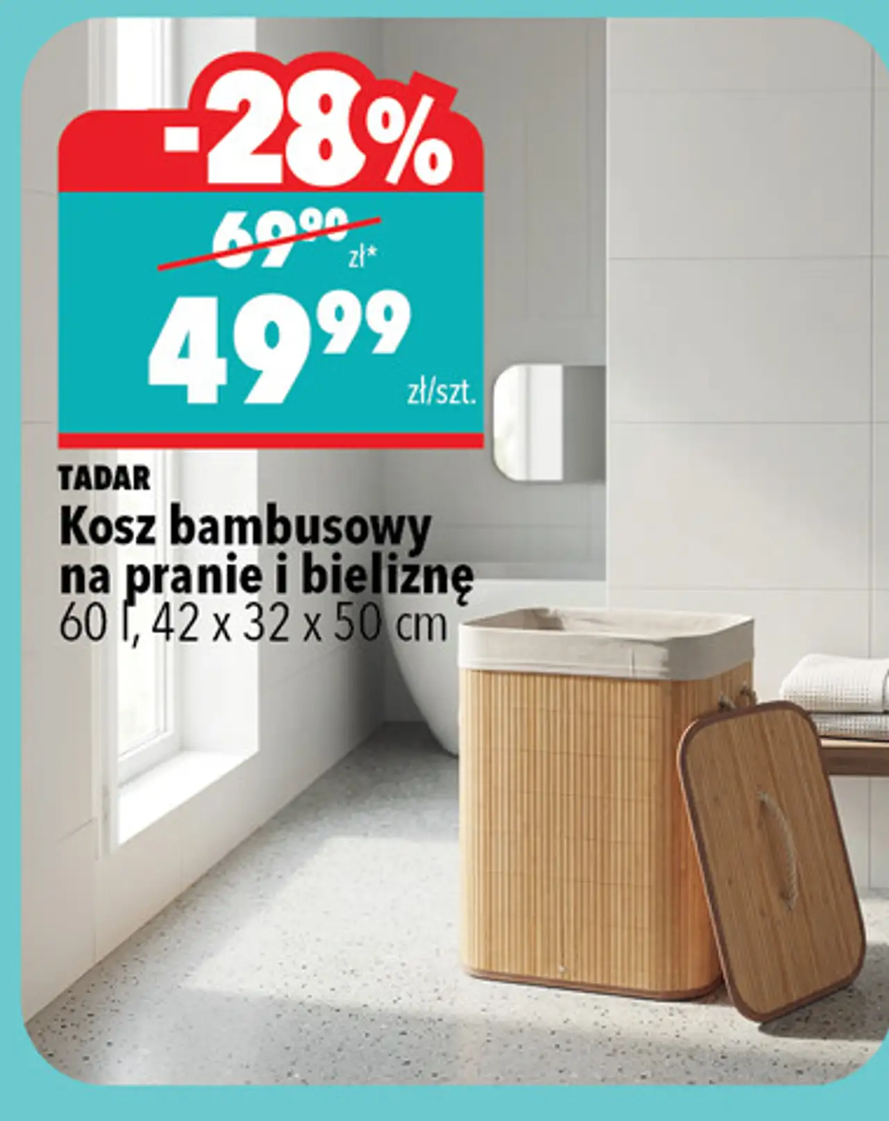 Kosz bambusowy na pranie i bieliznę 60 l, 42 x 32 x 50 cm TADAR