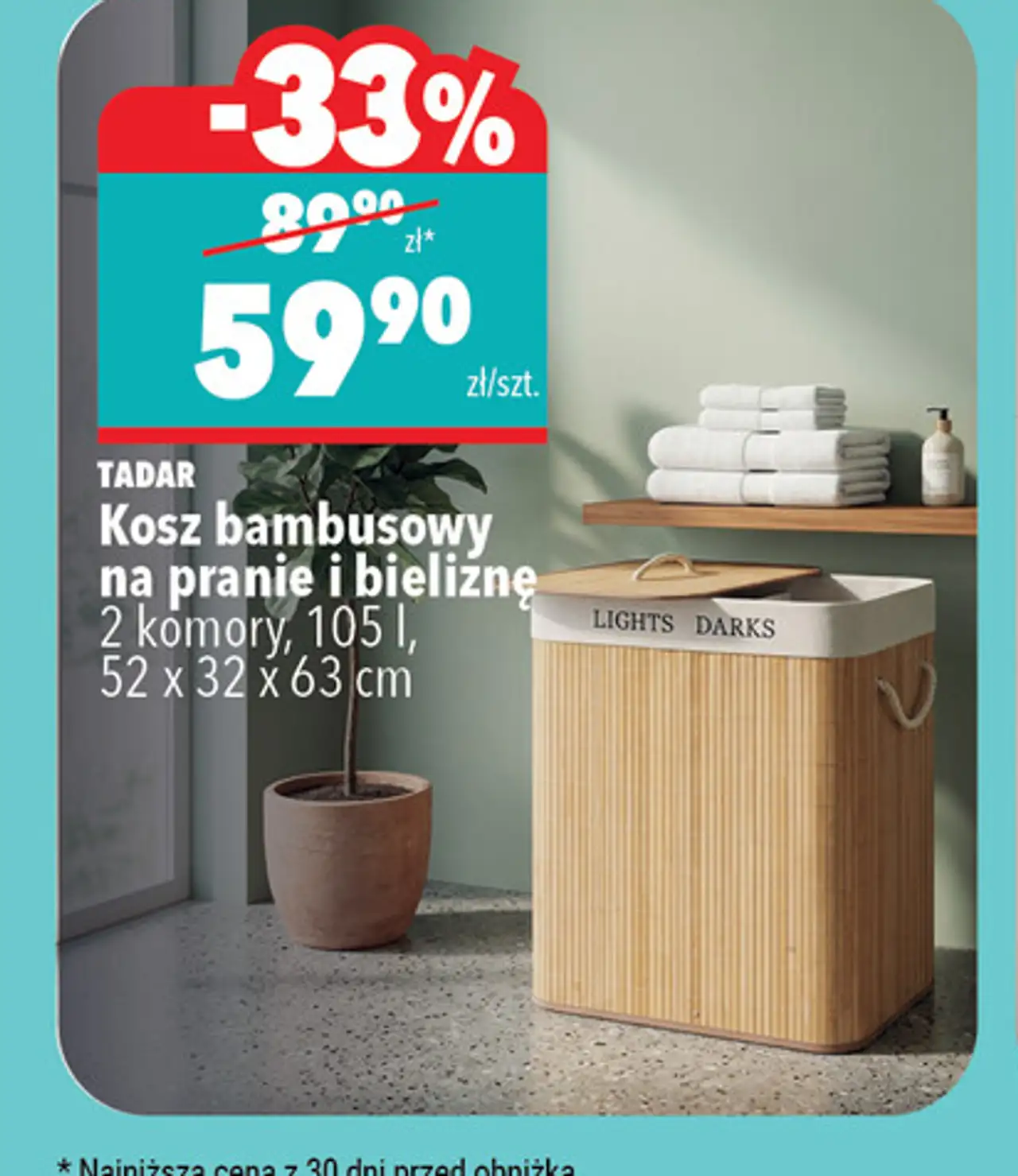 Kosz bambusowy na pranie i bieliznę 2 komory, 105 l, 52 x 32 x 63 cm TADAR