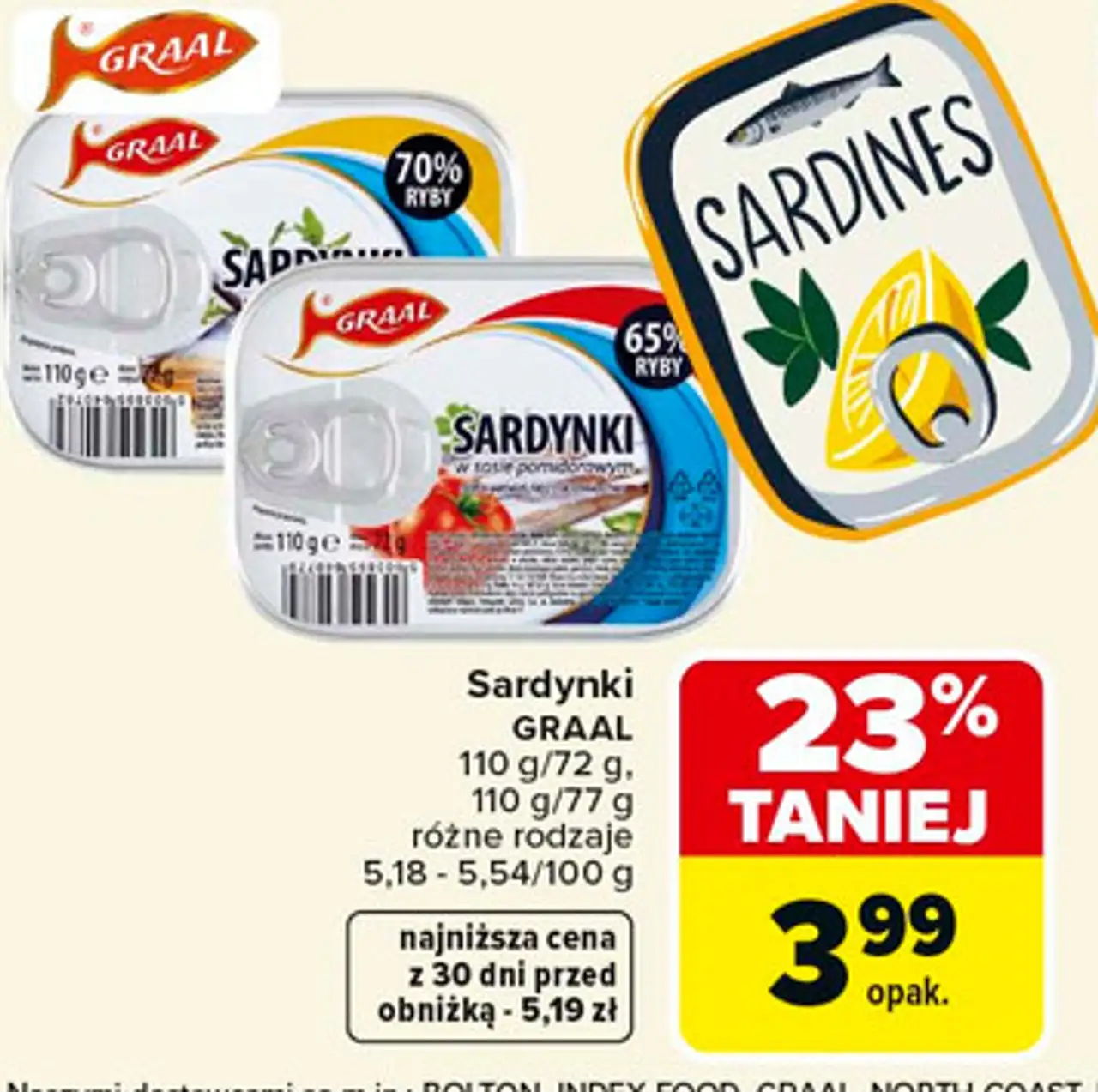 Sardynki GRAAL 110 g/72 g, 110 g/77 g różne rodzaje