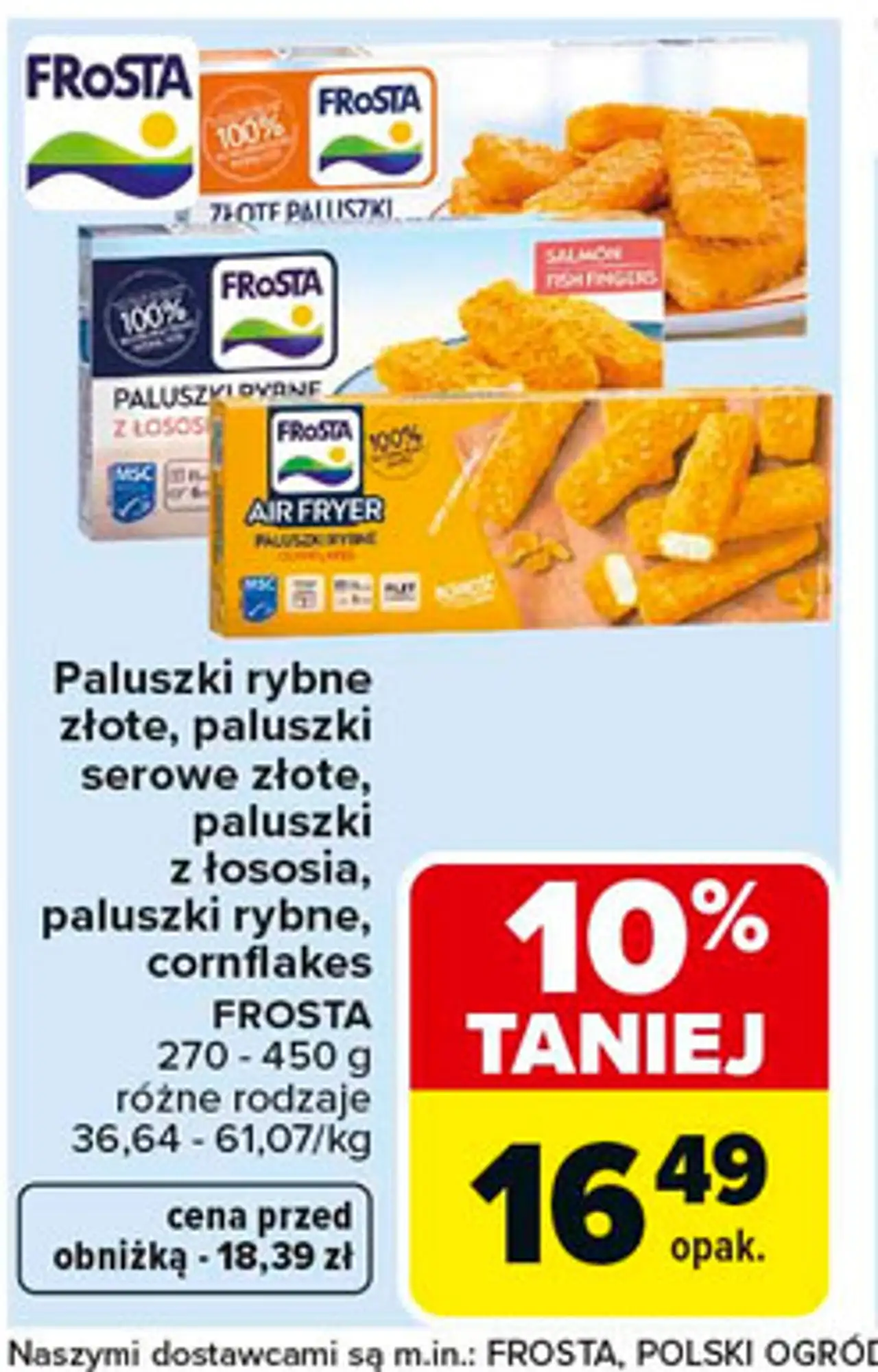 Paluszki rybne złote, paluszki serowe złote, paluszki z łososia, paluszki rybne, cornflakes FROSTA 270 - 450 g różne rodzaje