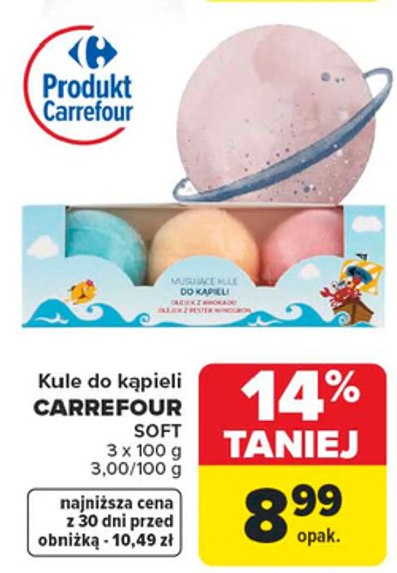 Musujące kule do kąpieli z olejkiem awokado i pestek winogron Carrefour Soft