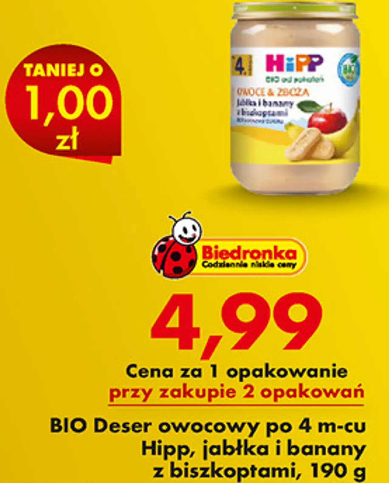 BIO Deser owocowy po 4 m-cu Hipp, jabłka i banany z biszkoptami, 190 g