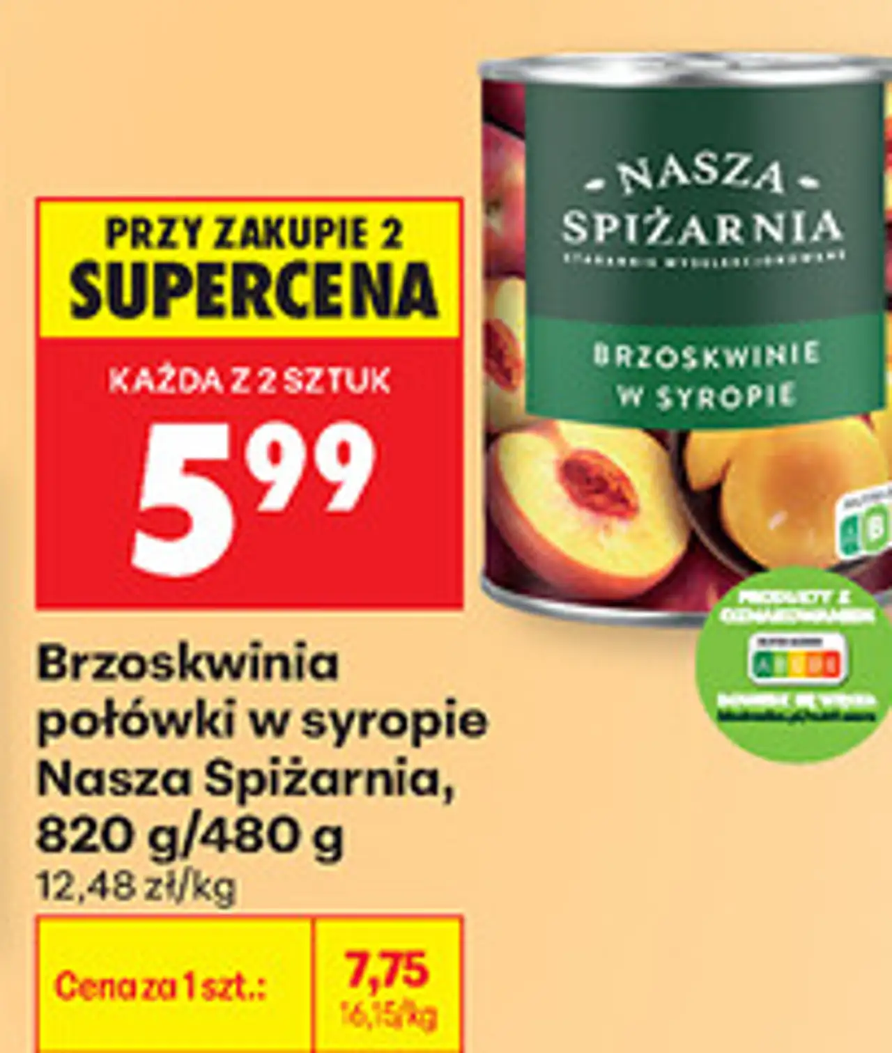 Brzoskwinia połówki w syropie Nasza Spiżarnia, 820 g/480 g