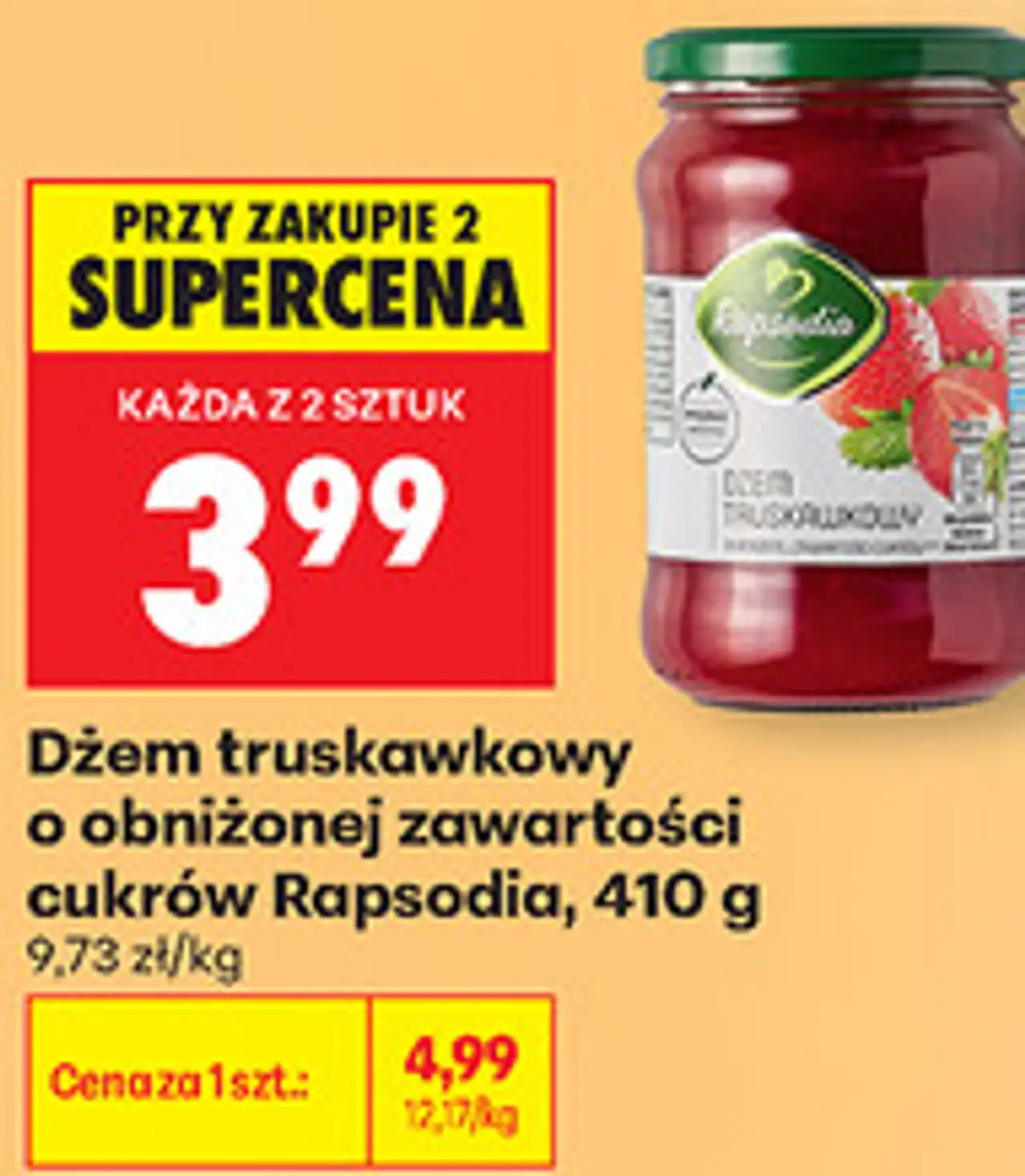 Dżem truskawkowy o obniżonej zawartości cukrów Rapsodia, 410 g
