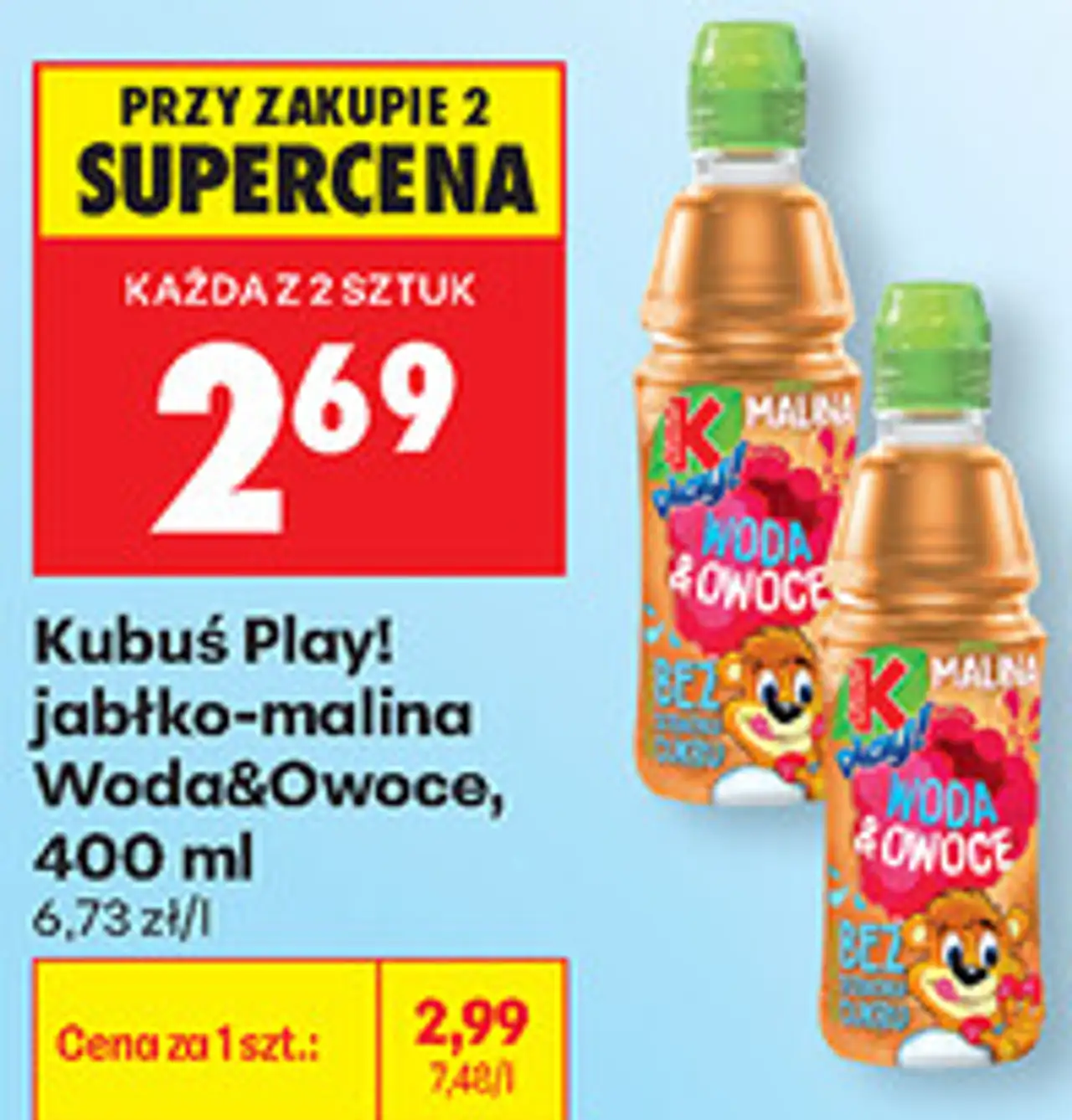 Kubuś Play! jabłko-malina Woda&Owoce, 400 ml