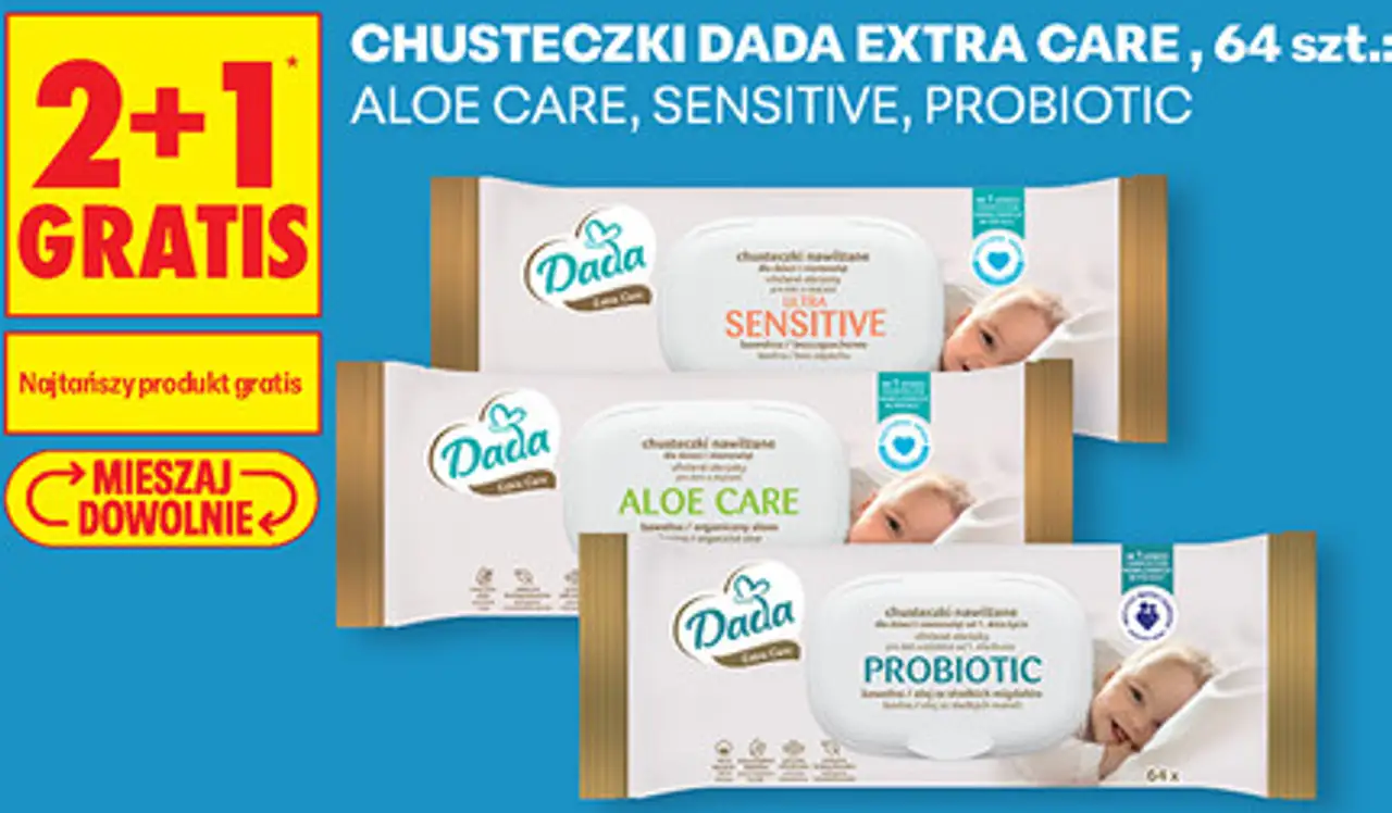 Chusteczki Dada Extra Care, 64 szt.: Aloe Care, Sensitive, Probiotic