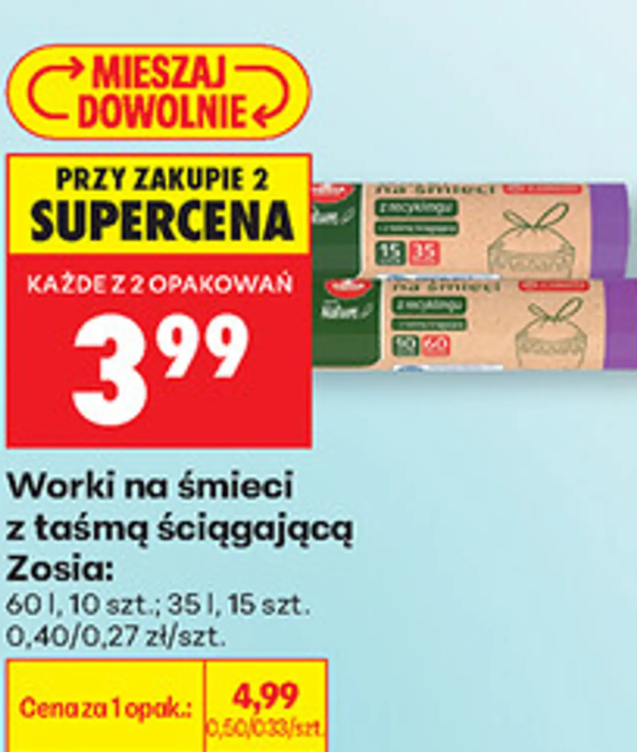 Worki na śmieci z taśmą ściągającą Zosia: 60 l, 10 szt.; 35 l, 15 szt.