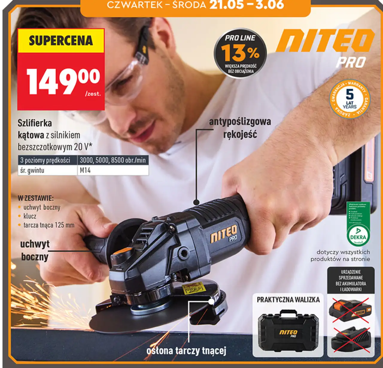 NITEO PRO Szlifierka kątowa z silnikiem bezszczotkowym 20 V