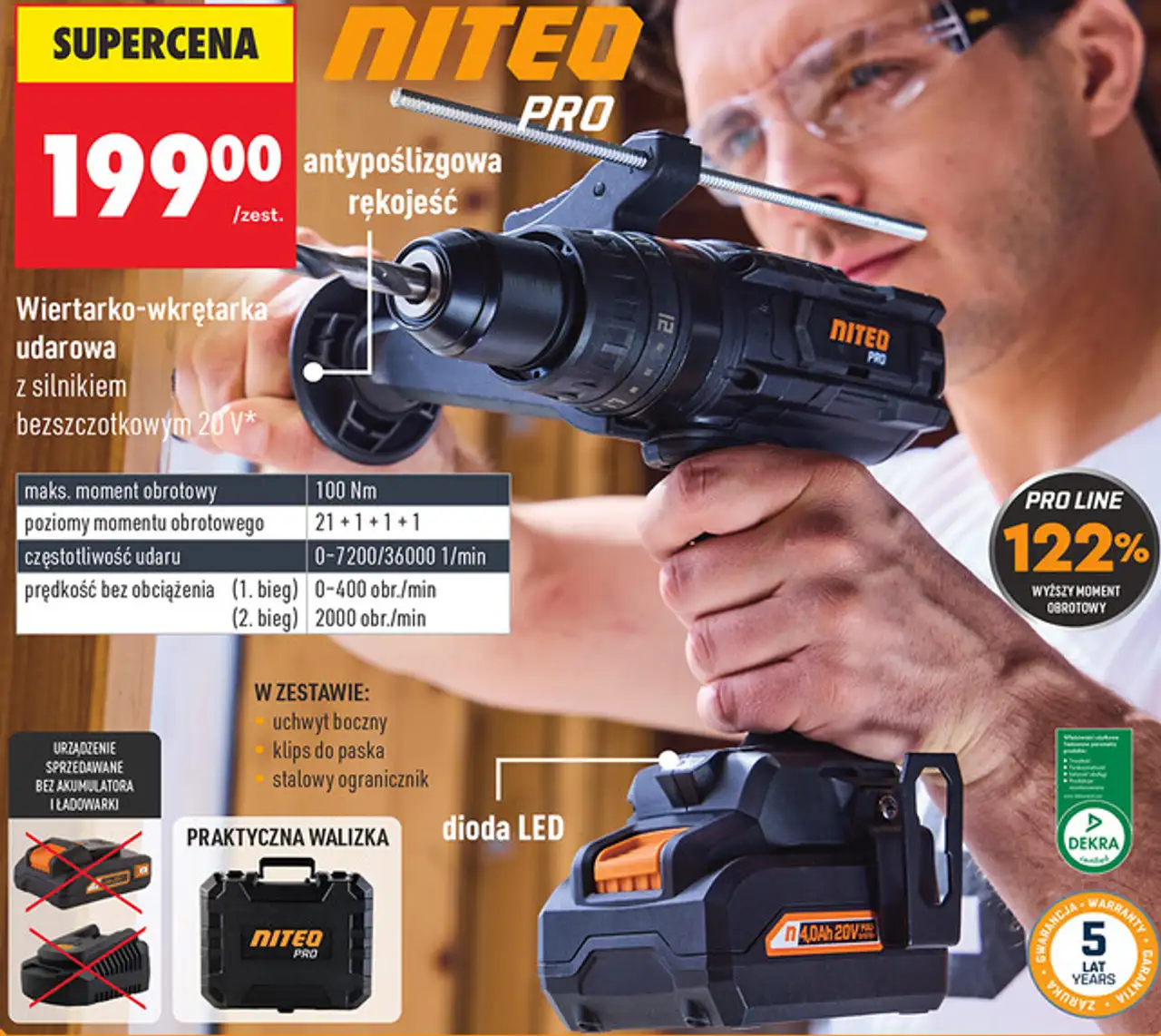 Wiertarko-wkrętarka udarowa z silnikiem bezszczotkowym 20 V* Niteo Pro