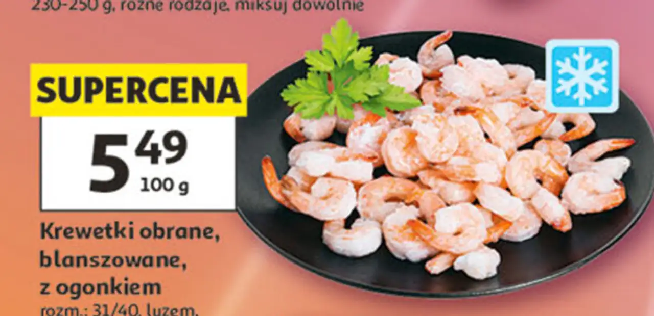 Krewetki obrane, blanszowane, z ogonkiem rozm.: 31/40, luzem, glazura 25%