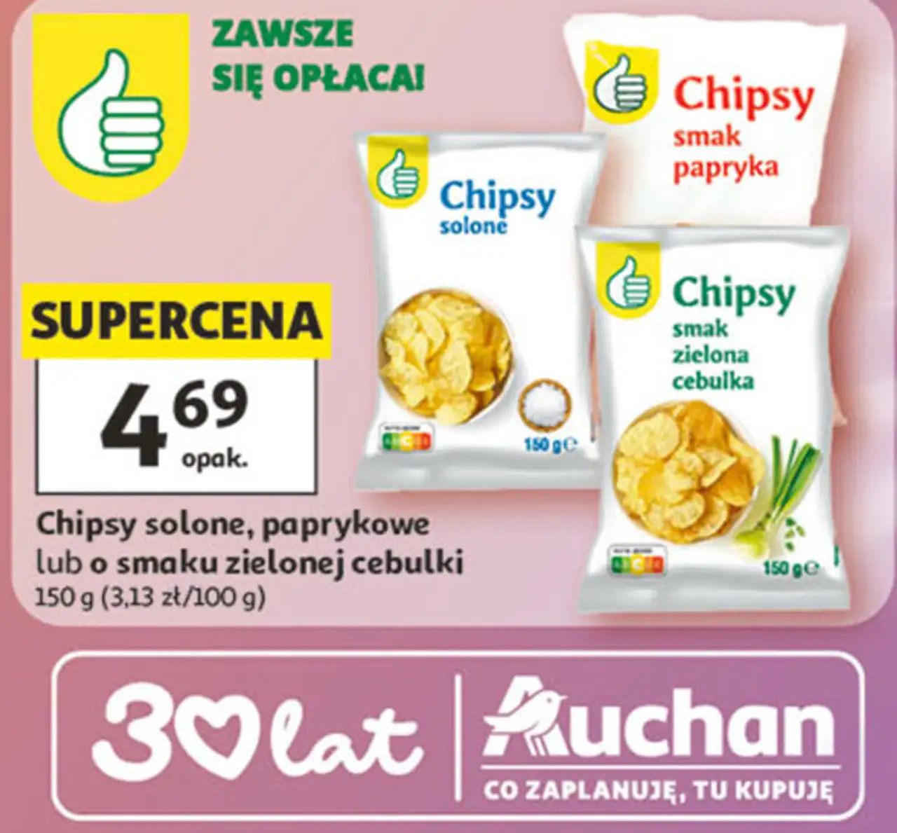 Chipsy solone, paprykowe lub o smaku zielonej cebulki