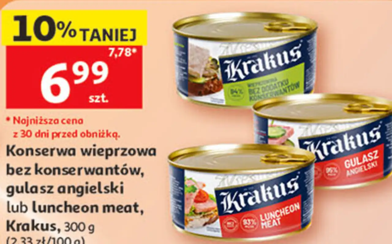 Konserwa wieprzowa bez konserwantów, gulasz angielski lub luncheon meat, Krakus