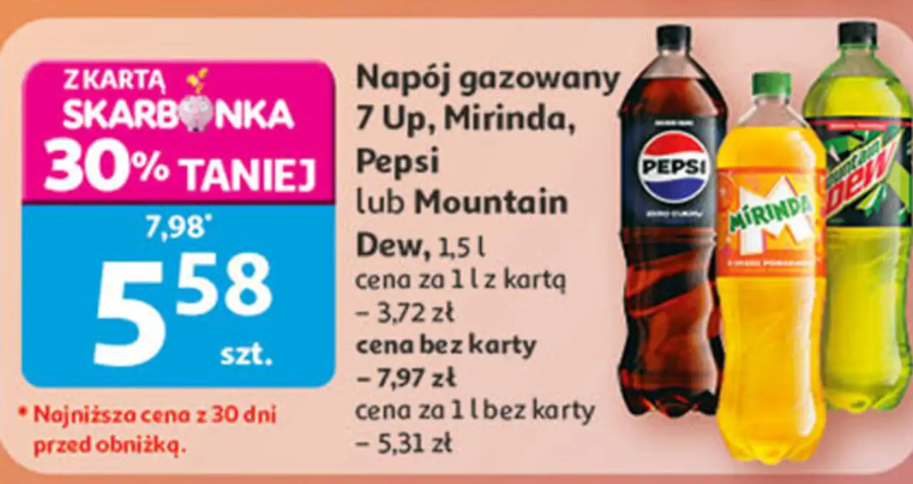 Napój gazowany 7 Up, Mirinda, Pepsi lub Mountain Dew, 1,5 l
