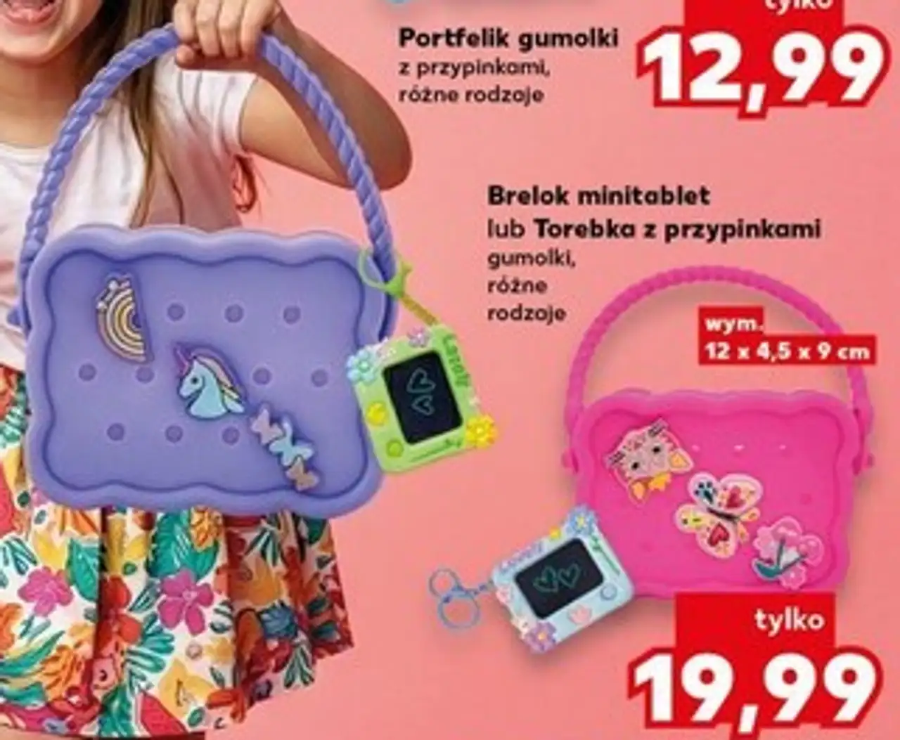 Brelok minitablet lub Torebka z przypinkami gumolki, różne rodzaje