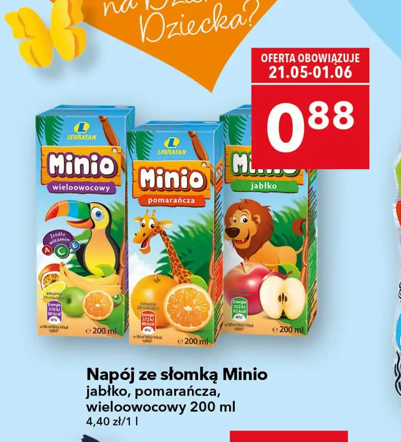 Napój ze słomką Minio jabłko, pomarańcza, wieloowocowy 200 ml