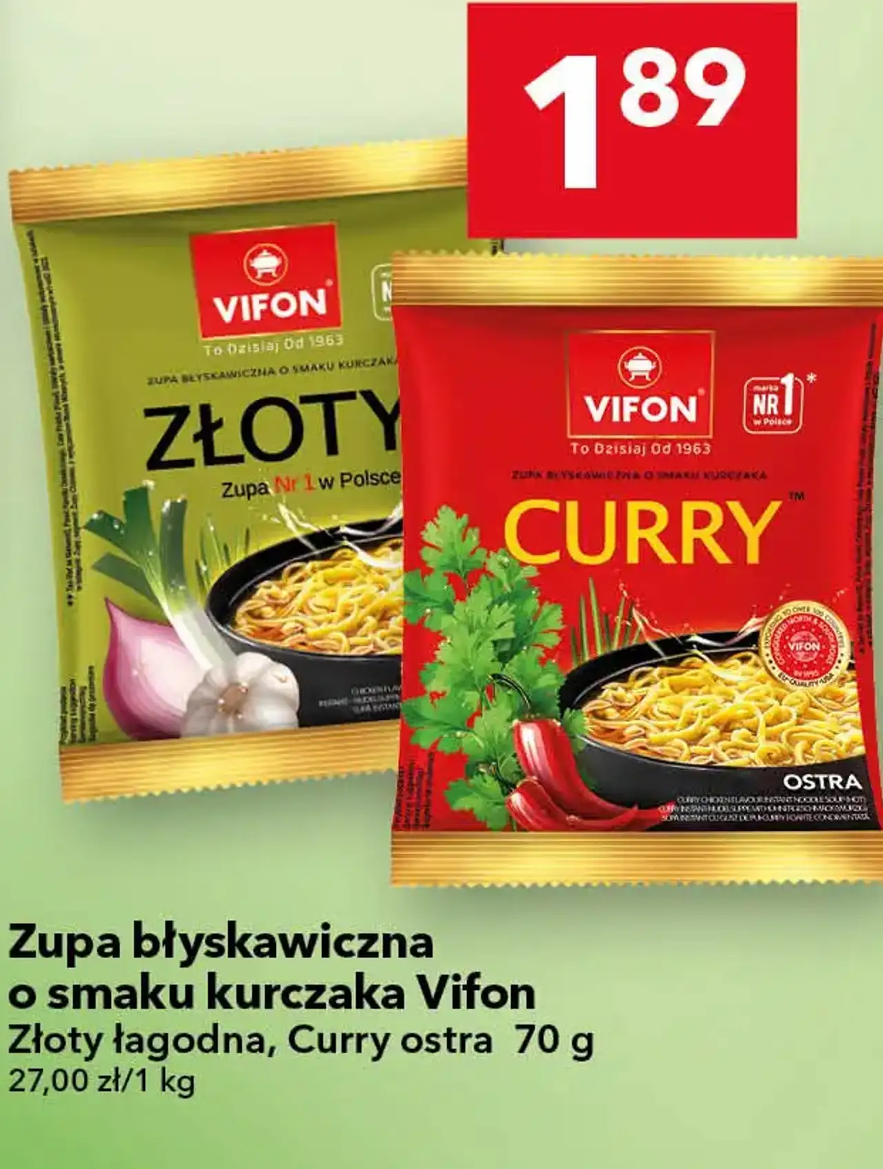Zupa błyskawiczna o smaku kurczaka Vifon Złoty łagodna, Curry ostra 70 g