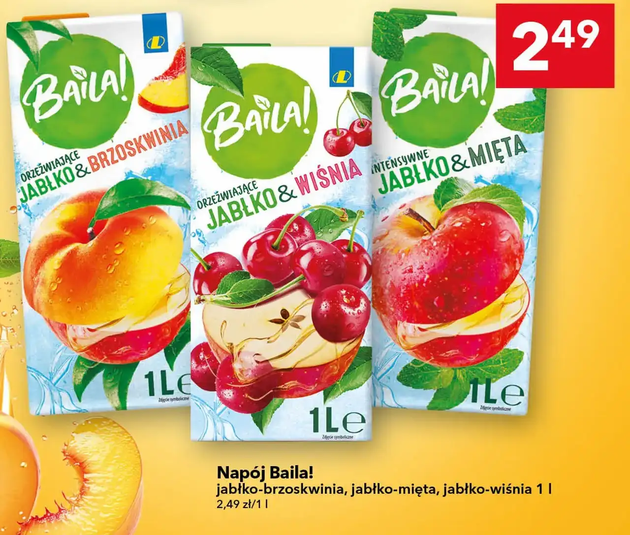 Napój Baila! jabłko-brzoskwinia, jabłko-mięta, jabłko-wiśnia 1 l