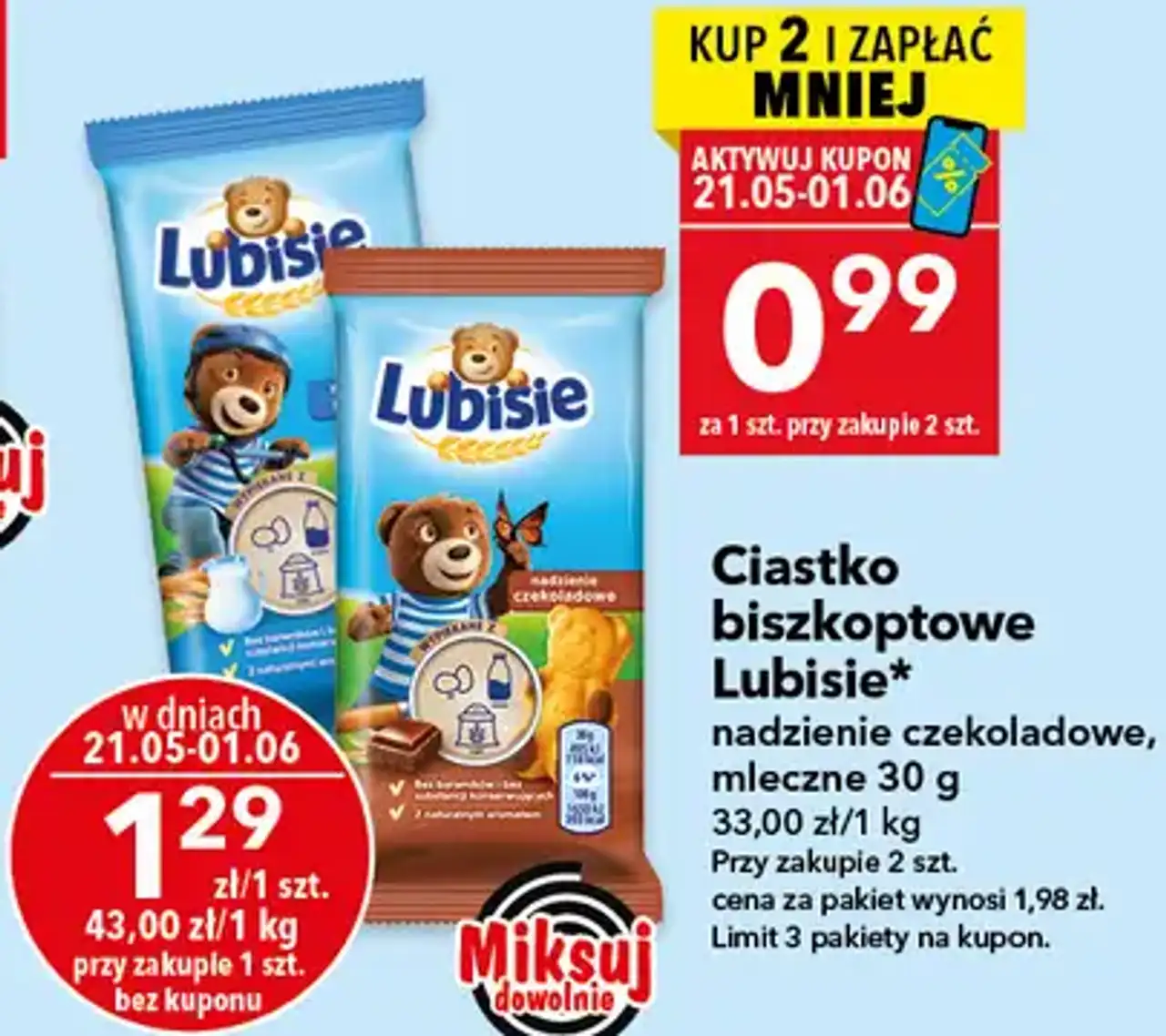 Ciastko biszkoptowe Lubisie nadzienie czekoladowe, mleczne 30 g