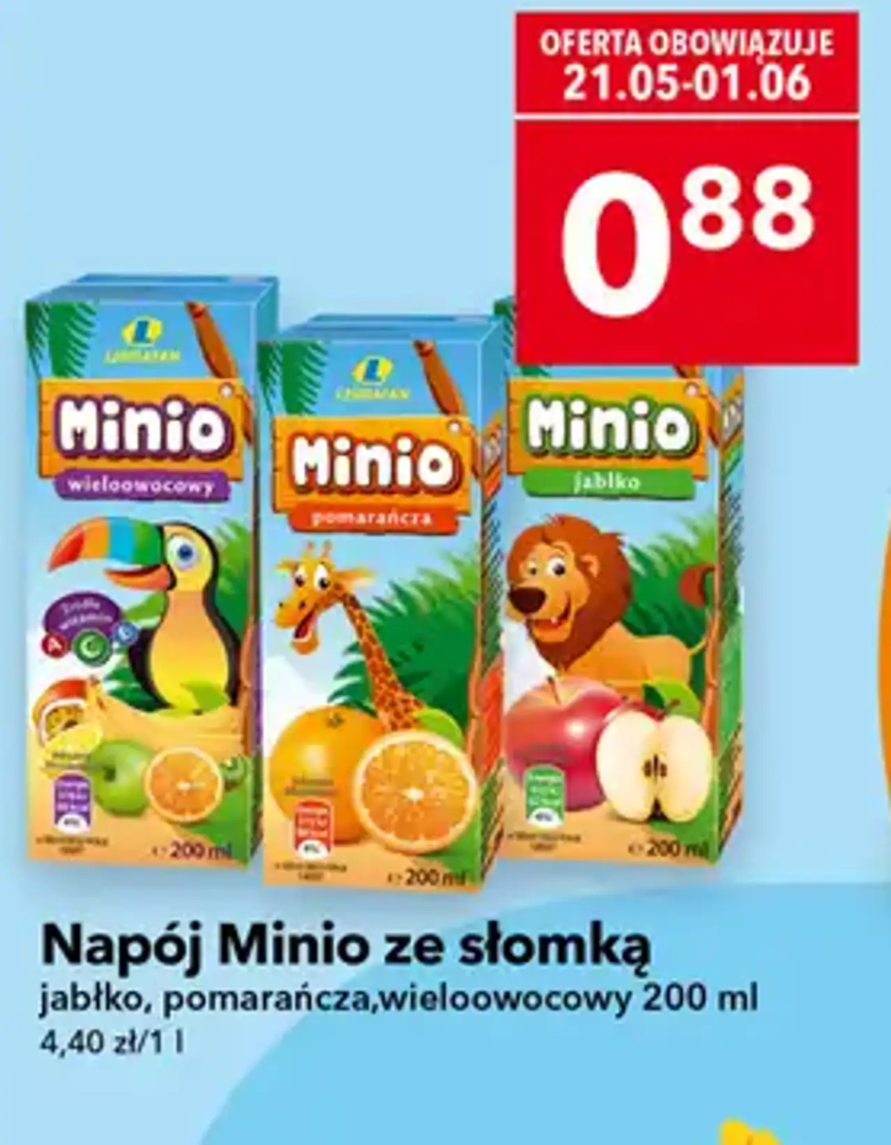 Napój Minio ze słomką jabłko, pomarańcza,wieloowocowy 200 ml