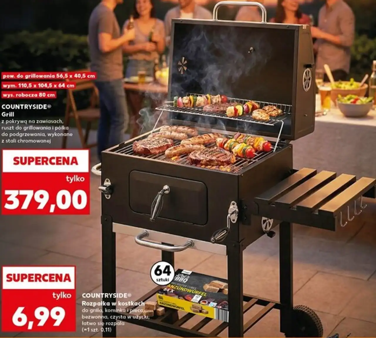COUNTRYSIDE® Grill z pokrywą na zawiasach, ruszt do grillowania i półka do podgrzewania, wykonane z stali chromowanej