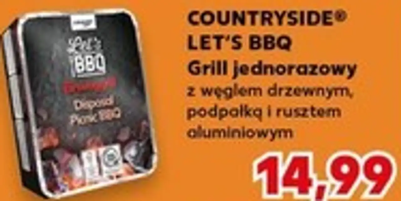 COUNTRYSIDE® LET'S BBQ Grill jednorazowy z węglem drzewnym, podpałką i rusztem aluminiowym