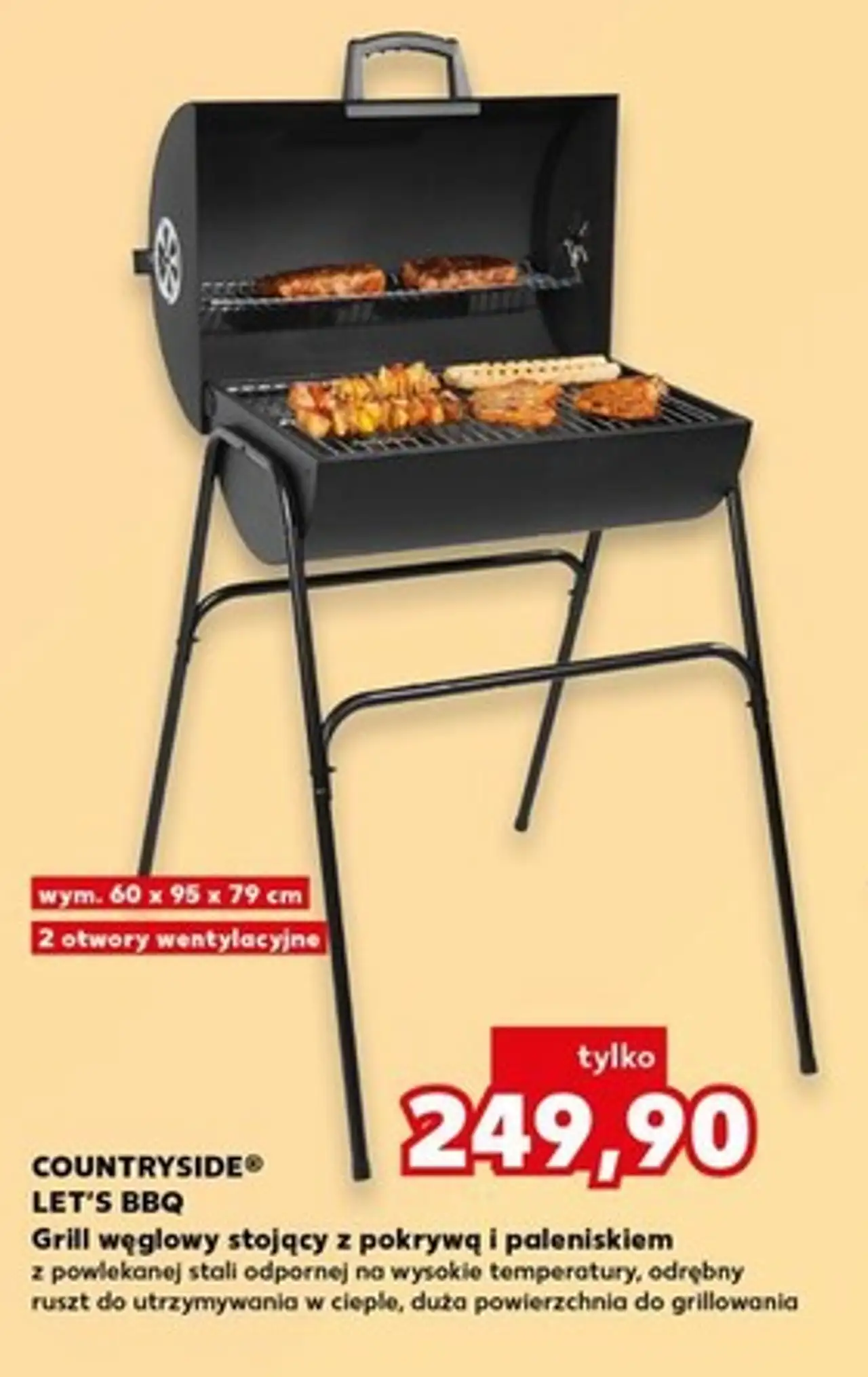 Grill węglowy stojący z pokrywą i paleniskiem COUNTRYSIDE® LET'S BBQ