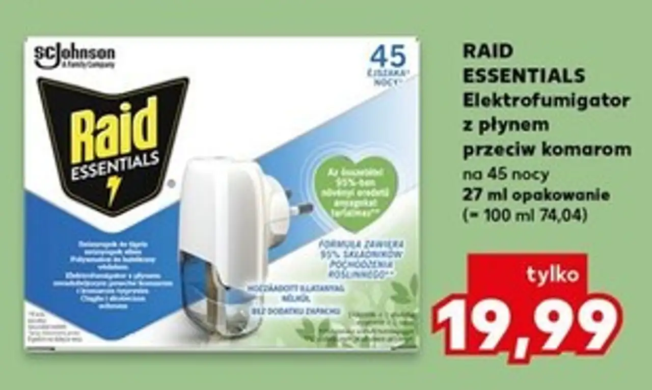 RAID ESSENTIALS Elektrofumigator z płynem przeciw komarom na 45 nocy 27 ml opakowanie (= 100 ml 74,04)