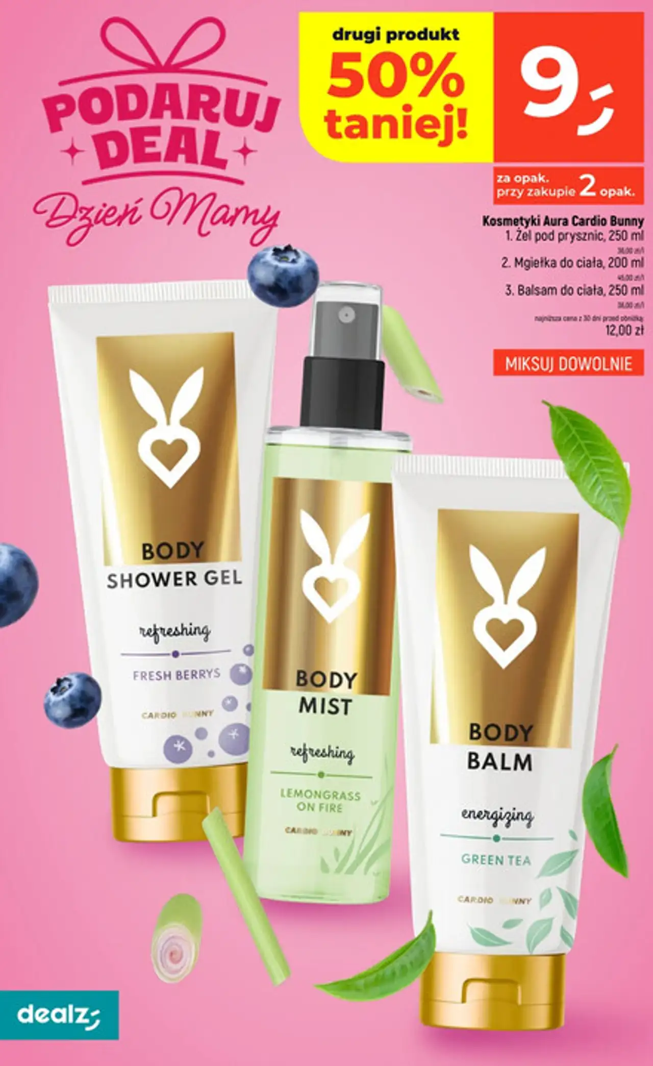 Kosmetyki Aura Cardio Bunny 1. Żel pod prysznic, 250 ml 2. Mgiełka do ciała, 200 ml 3. Balsam do ciała, 250 ml