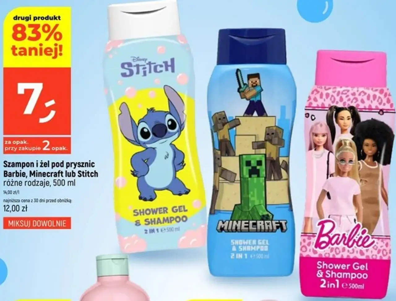 Szampon i żel pod prysznic Barbie, Minecraft lub Stitch różne rodzaje