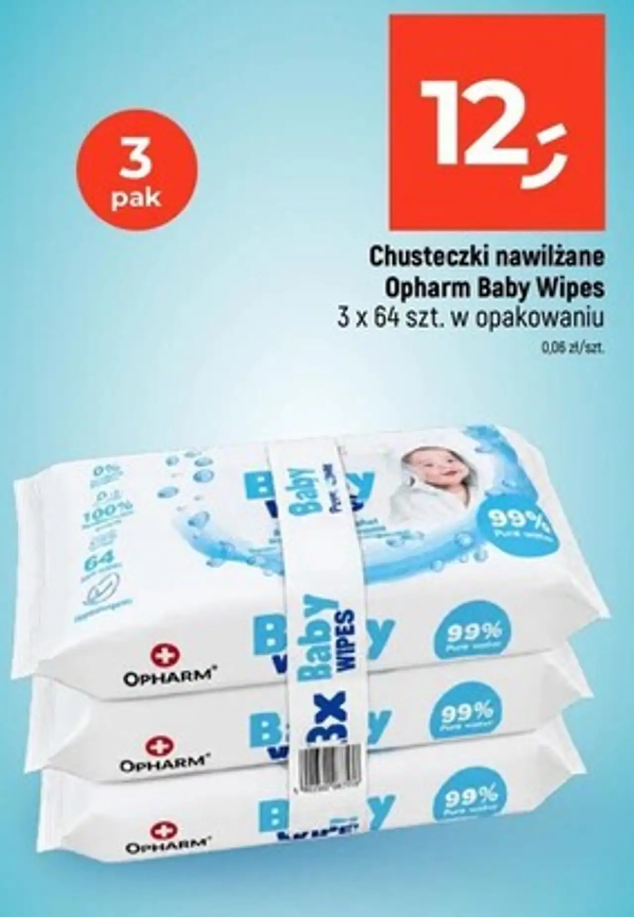 Chusteczki nawilżane Opharm Baby Wipes 3 x 64 szt. w opakowaniu