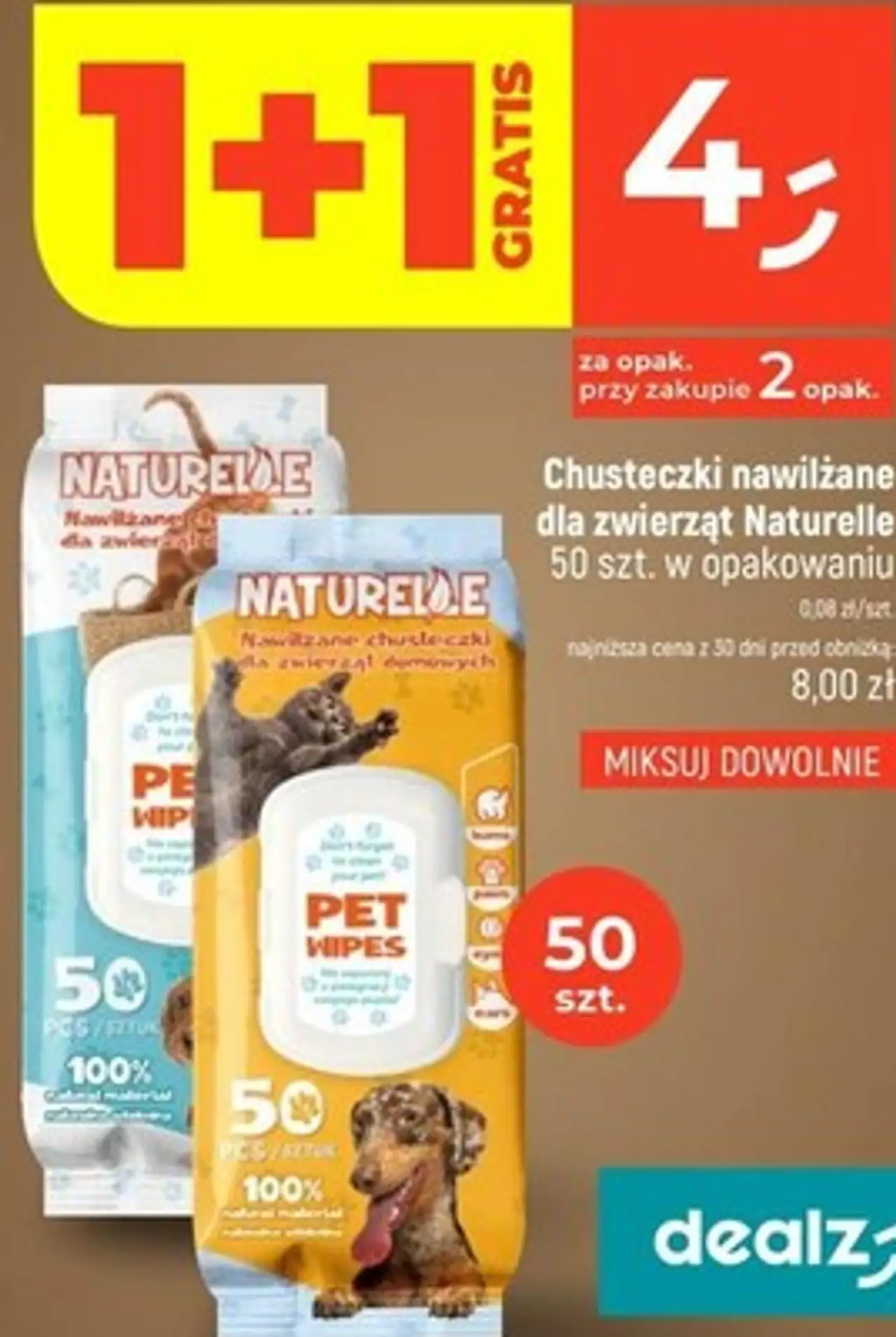 Chusteczki nawilżane dla zwierząt Naturelle 50 szt. w opakowaniu