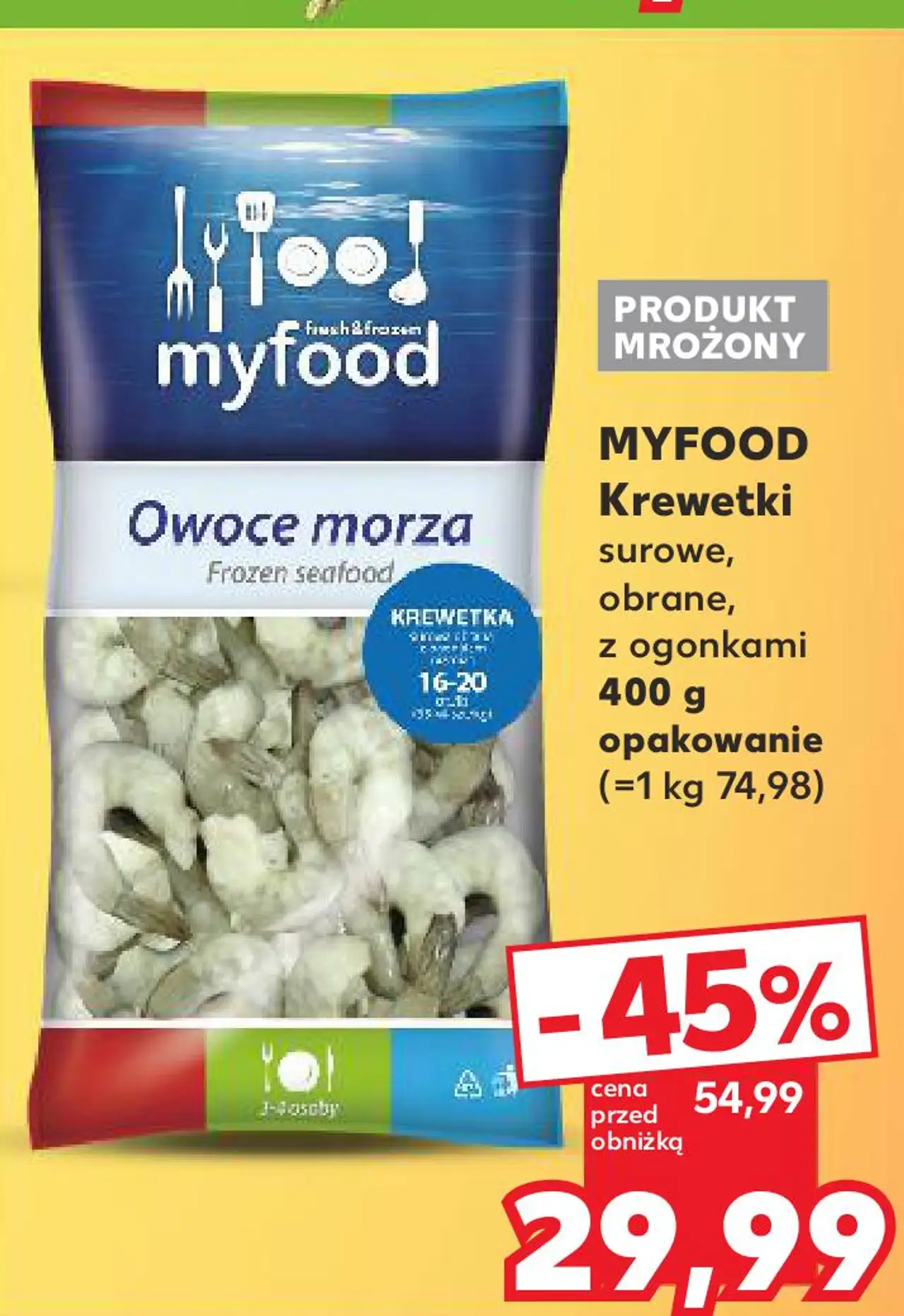MYFOOD Krewetki surowe, obrane, z ogonkami 400 g opakowanie
