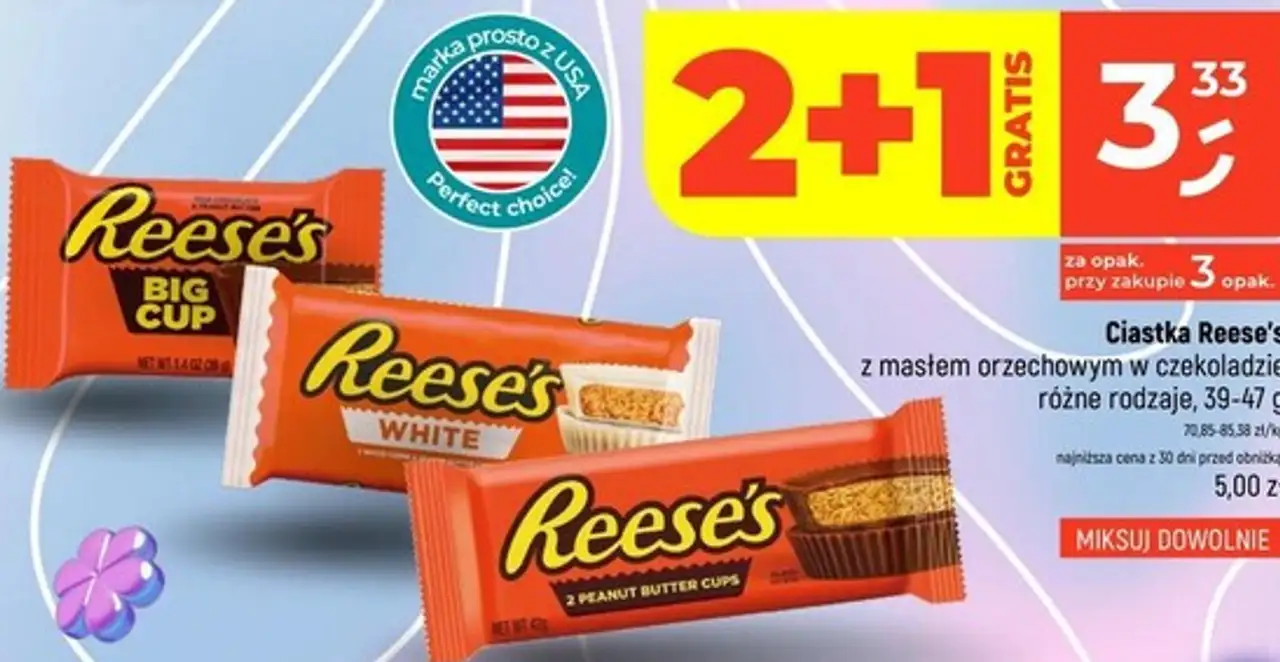Ciastka Reese's z masłem orzechowym w czekoladzie, różne rodzaje, 39-47 g