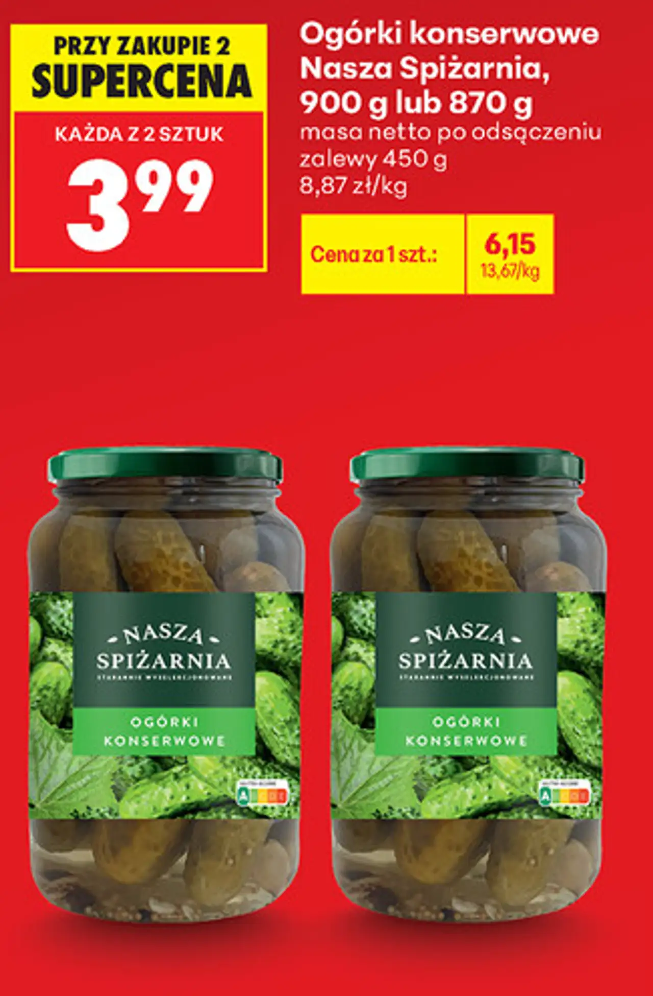 Ogórki konserwowe Nasza Spiżarnia, 900 g lub 870 g masa netto po odsączeniu zalewy 450 g