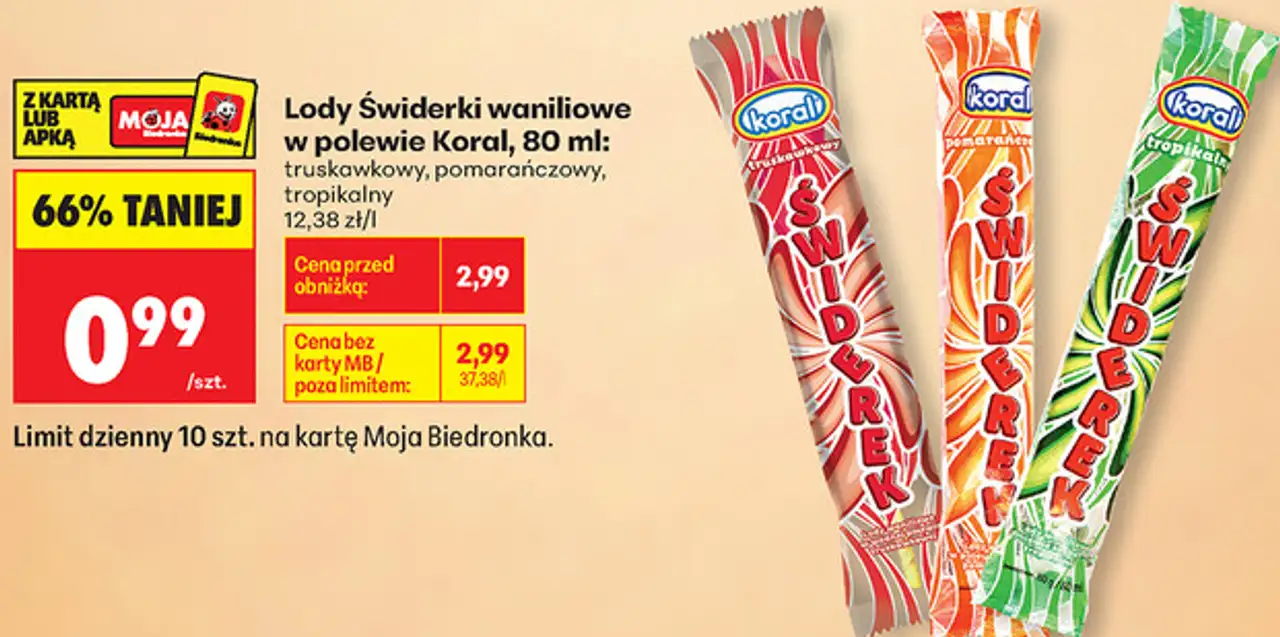 Lody Świderki waniliowe w polewie Koral, 80 ml: truskawkowy, pomarańczowy, tropikalny