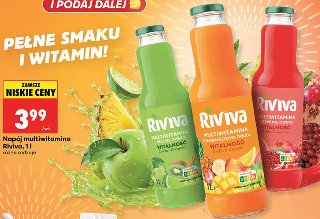 Napój multiwitamina Riviva, 1 l różne rodzaje