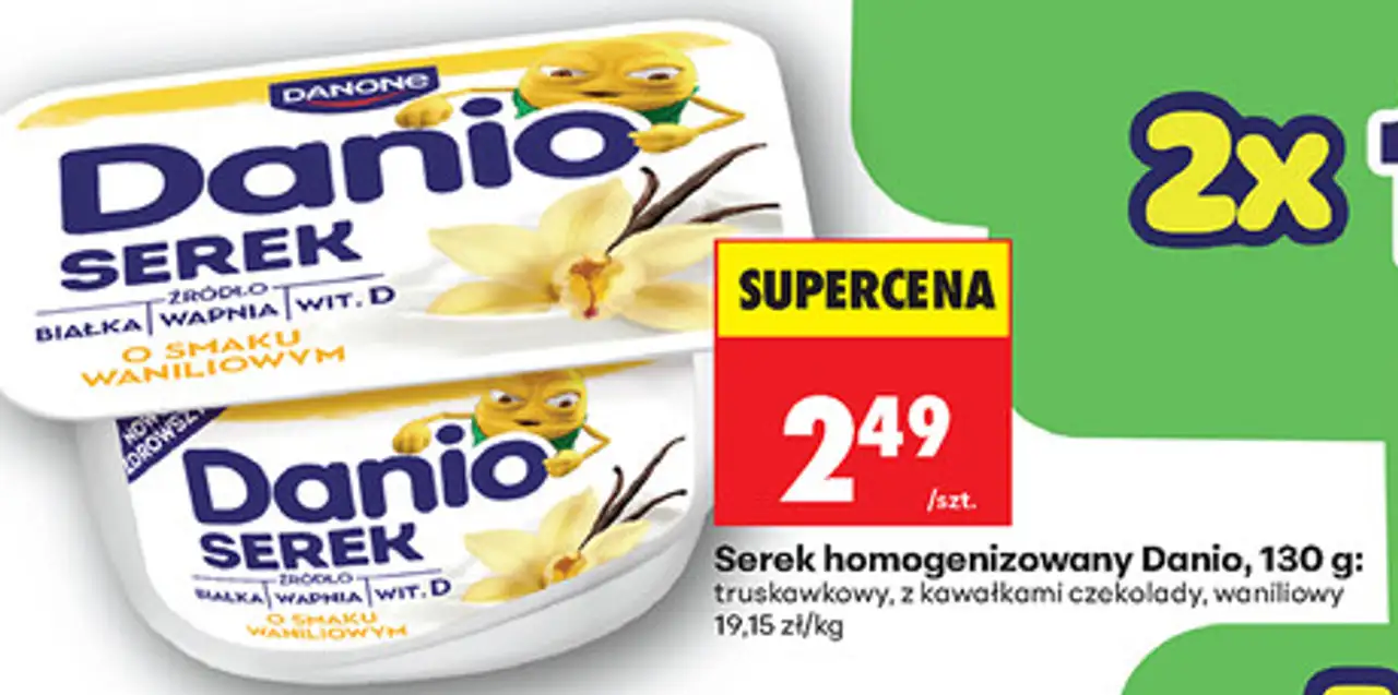 Serek homogenizowany Danio, 130 g: truskawkowy, z kawałkami czekolady, waniliowy